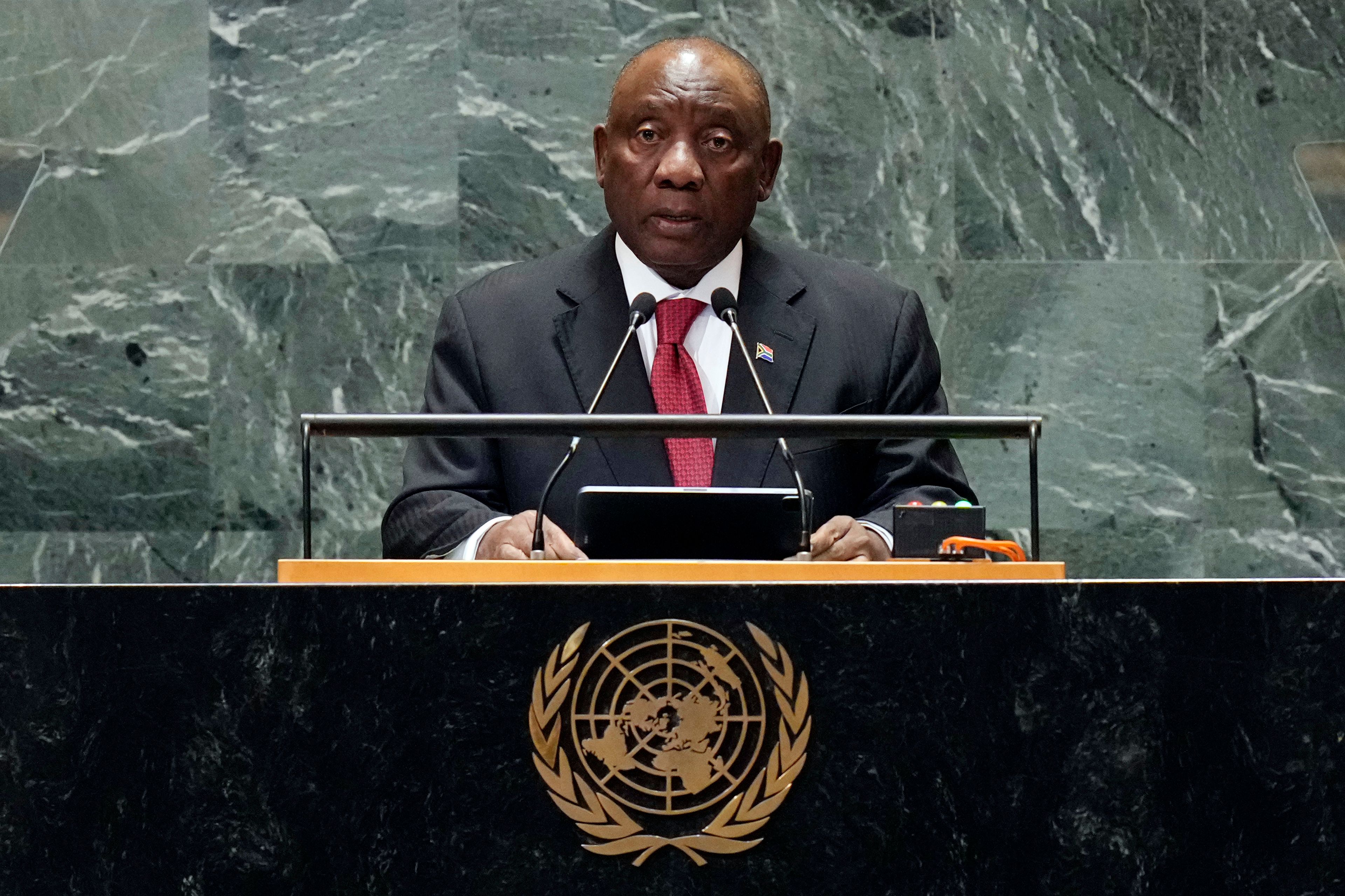 South Africa President Cyril Ramaphosa addresses the 79th session of the United Nations General Assembly, Tuesday, Sept. 24, 2024. (AP Photo/Richard Drew)