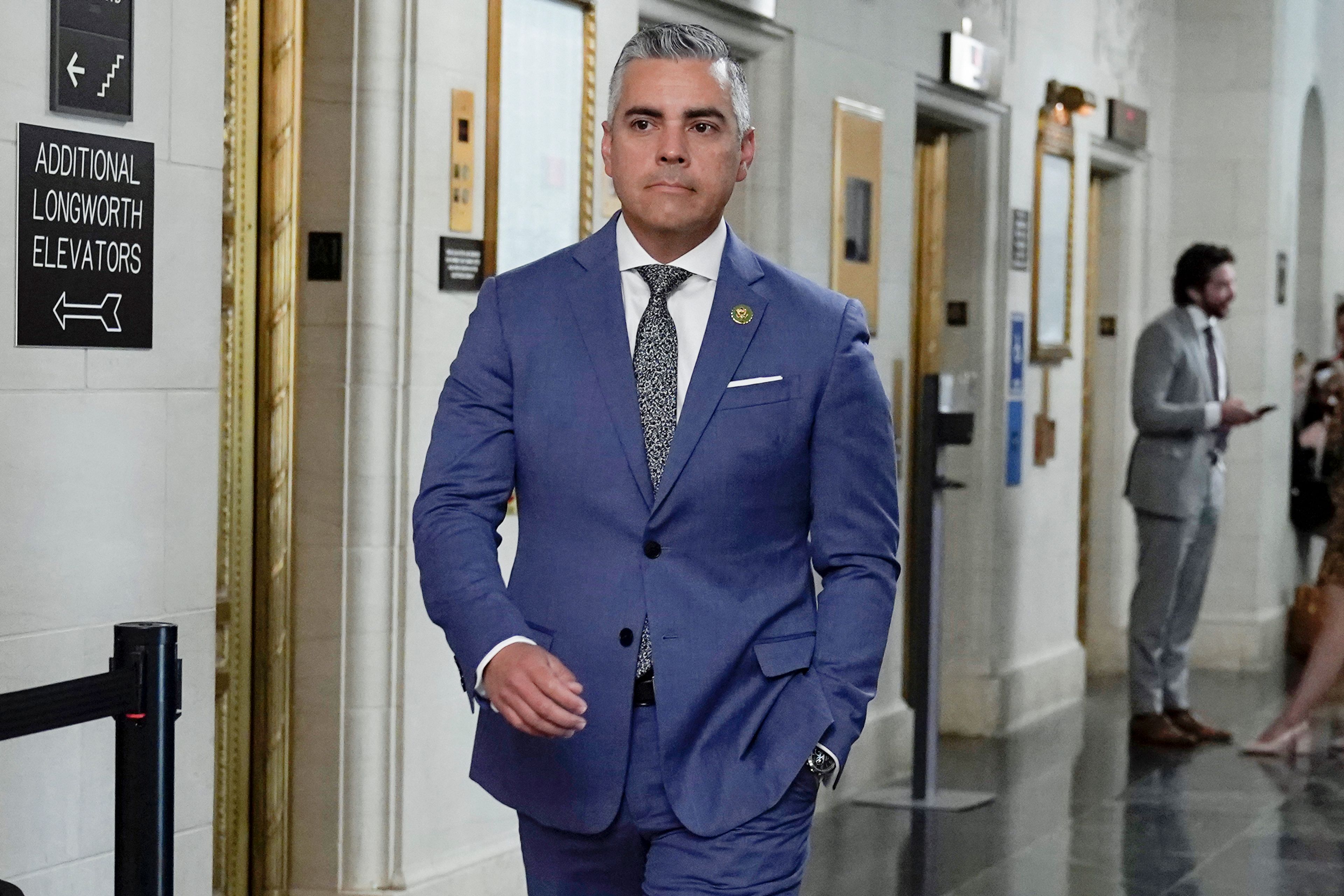 FILE - Rep. Juan Ciscomani, R-Ariz., arrives for a House Republican caucus meeting at the Capitol, Friday, Oct. 13, 2023. (AP Photo/Mariam Zuhaib, File)