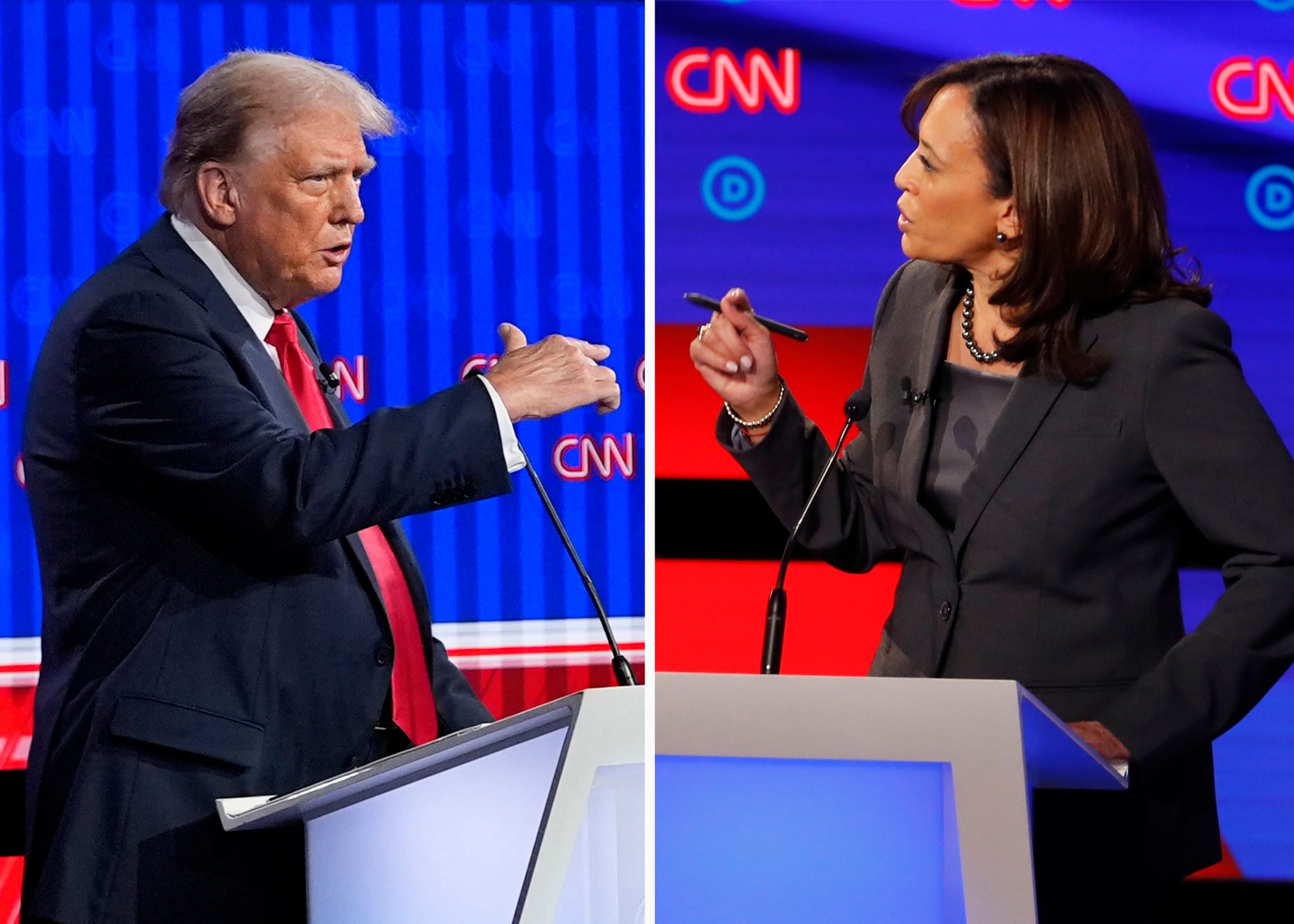 This combination photo shows Republican presidential candidate former President Donald Trump speaking during a presidential debate, June 27, 2024, in Atlanta, left, and Sen. Kamala Harris, D-Calif., speaking during a Democratic presidential primary debates, July 31, 2019, in Detroit. (AP Photo)