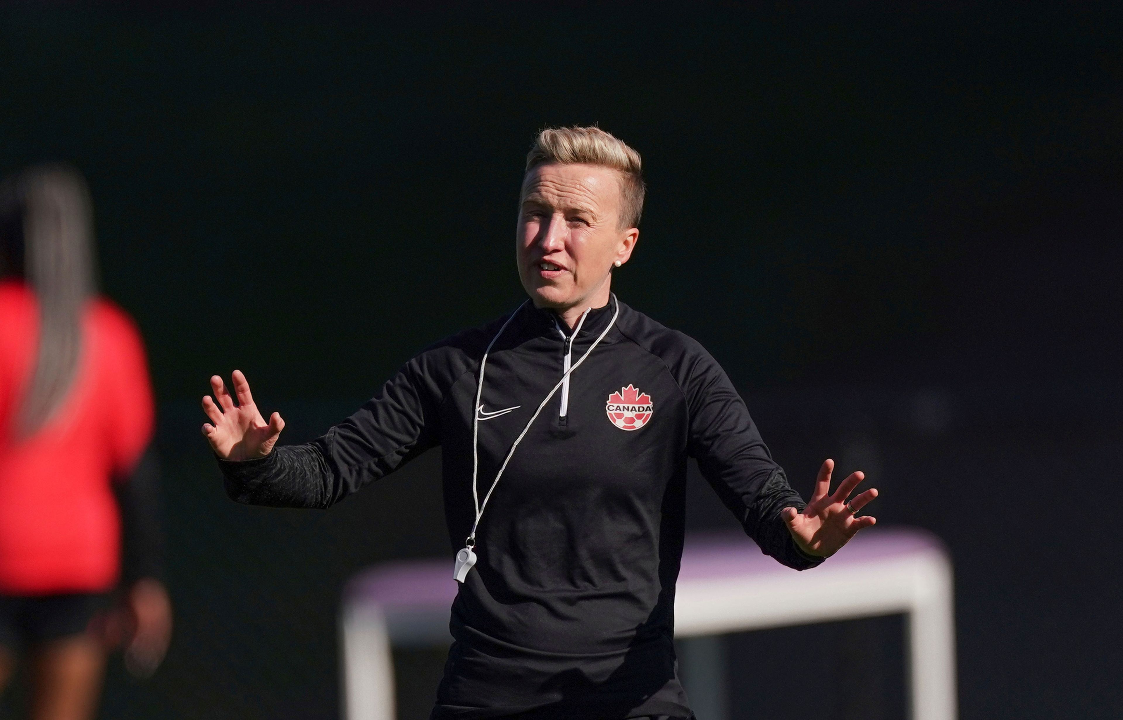 FILE - Canada coach Beverly Priestman gestures during a soccer training session ahead of the FIFA Women's World Cup in Melbourne, Australia, Monday, July 17, 2023. (Scott Barbour/The Canadian Press via AP, File)