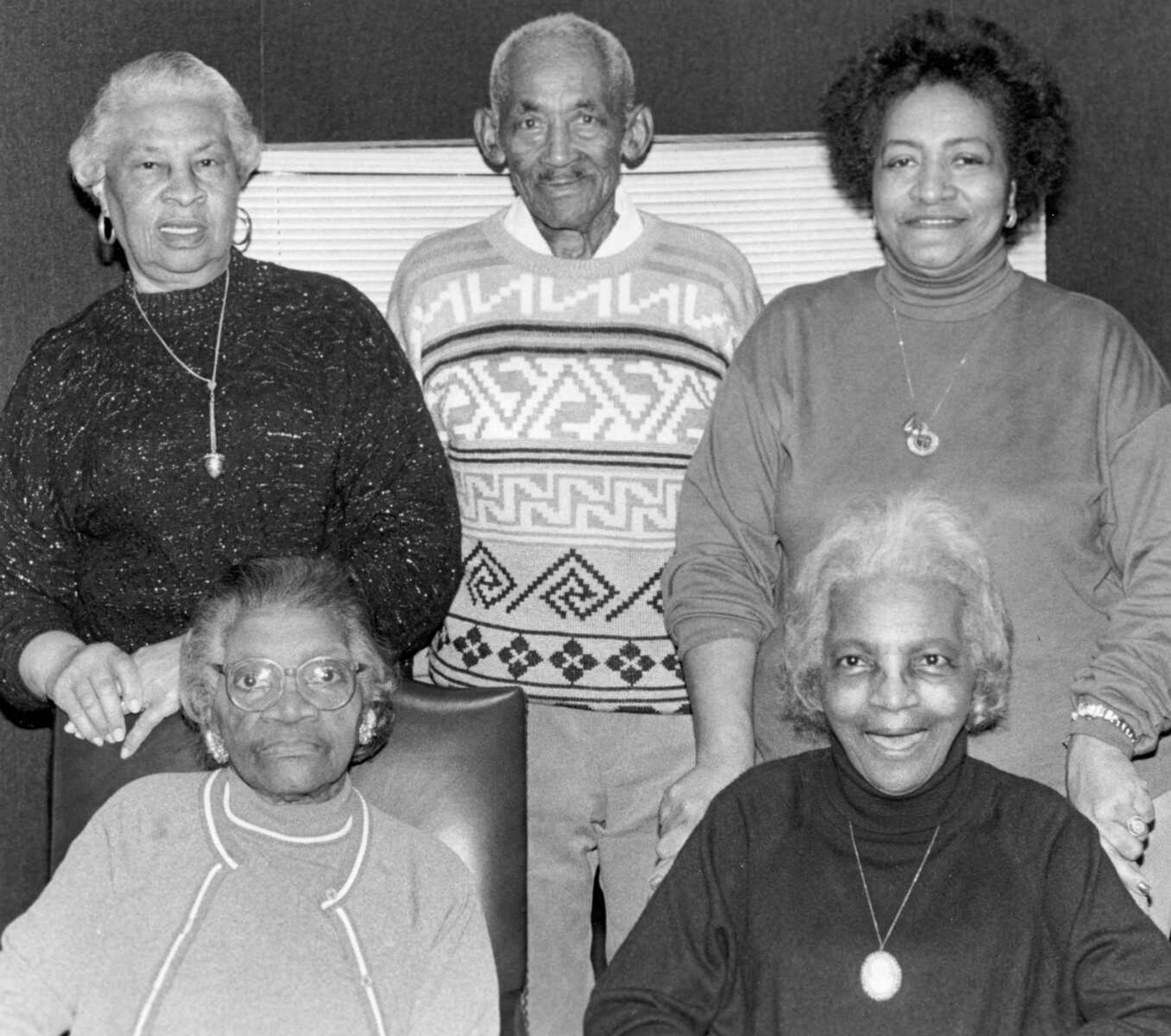 Published Feb. 19, 1993.
Cape Girardeau residents shared their memories of black history here in honor of Black History Month and Cape Girardeau's bicentennial. Among those participating in the program at Southeast Missouri State University are, front row, from left, Elner Miller and Virginia Ross; back row, Etta Mason, Robert "Bub" Coates and Helen Sterling. (Don Shrubshell ~ Southeast Missourian archive)