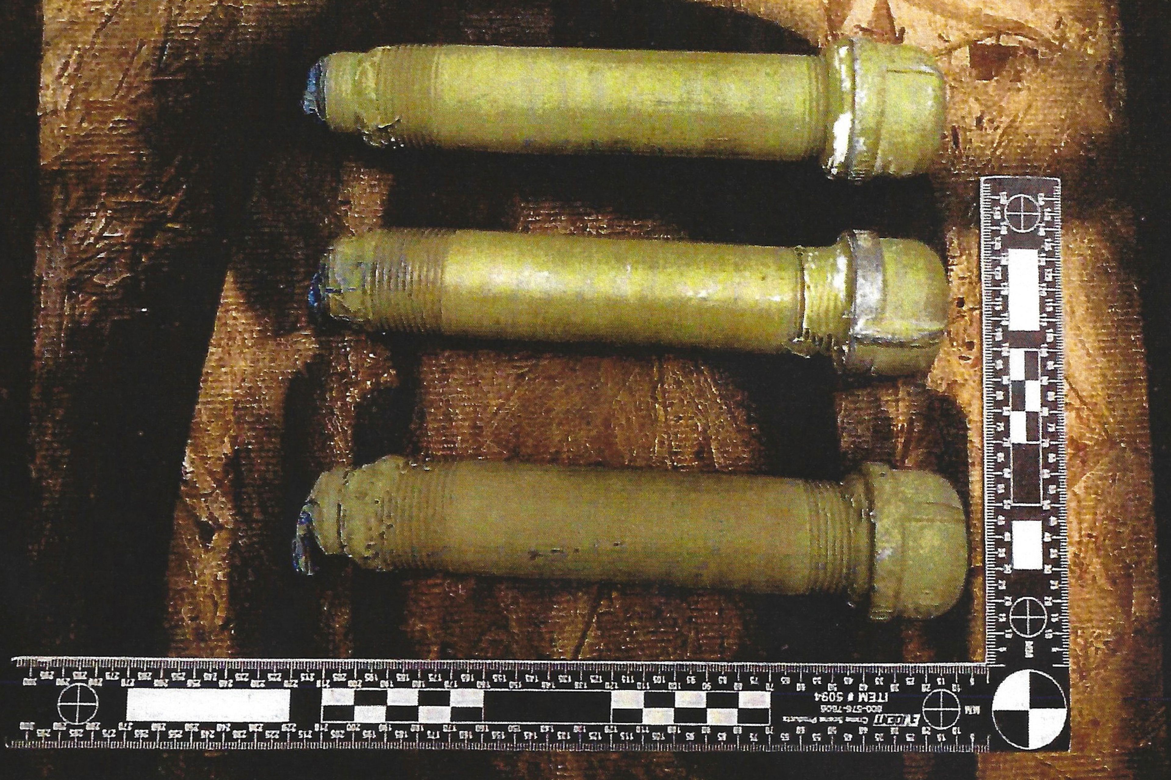 This image used as evidence by federal prosecutors shows pipe bombs confiscated from the home of Chris Arthur in Mount Olive, N.C. (U.S. District Court for the Eastern District of North Carolina via AP)