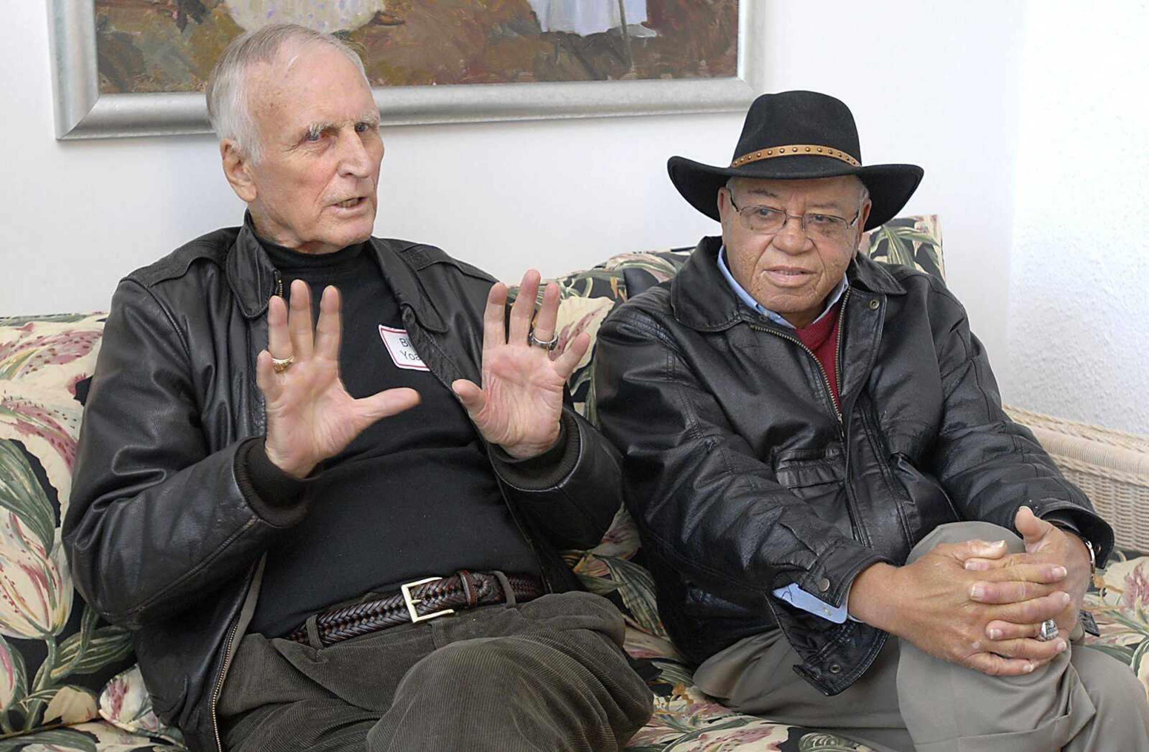 Bill Yoast, left, and Herman Boone discussed their perspectives since coaching the 1971 Titans football team at T.C. Williams High School, which was the basis for the 2000 movie "Remember the Titans." (Fred Lynch)