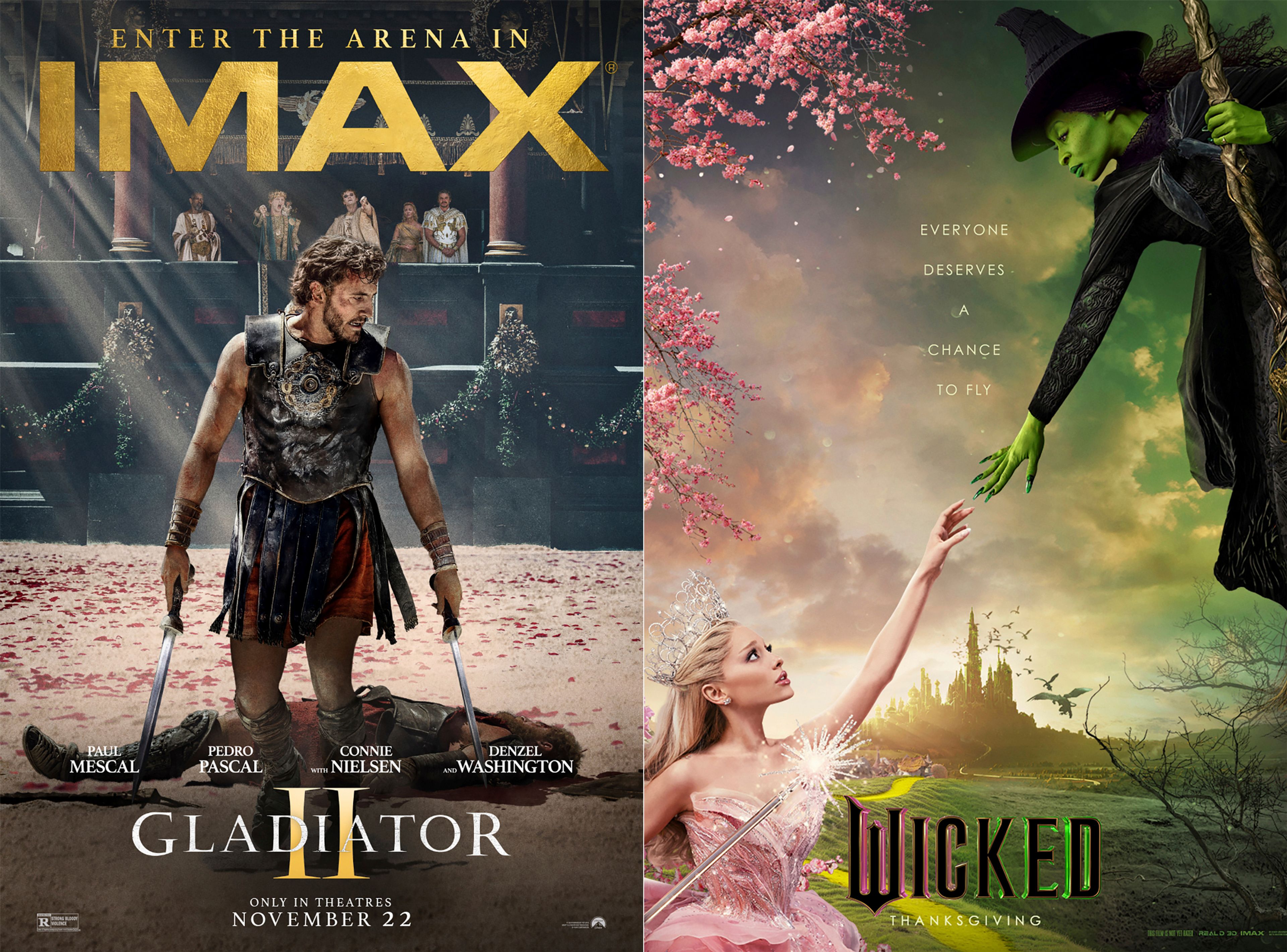 This combination of images shows promotional art for "Gladiator II," left, and "Wicked." (Paramount/Universal Pictures via AP)