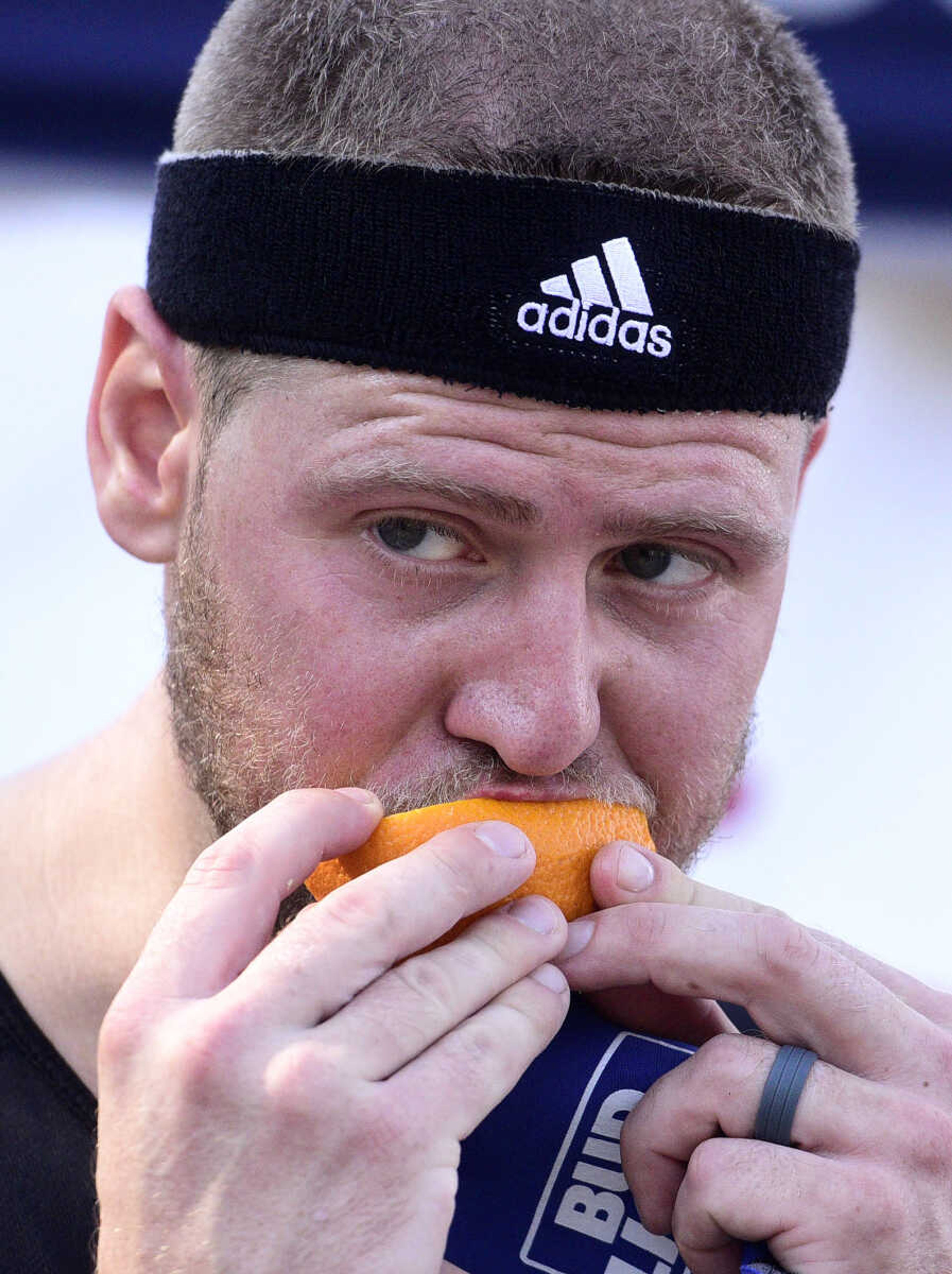 Matt Meyer munches on an orange during the first ever St. Jude Heroes Yak 'n Run on Saturday, Aug. 26, 2017, at Trail of Tears State Park. All proceeds from the event support St. Jude Children's Research Hospital