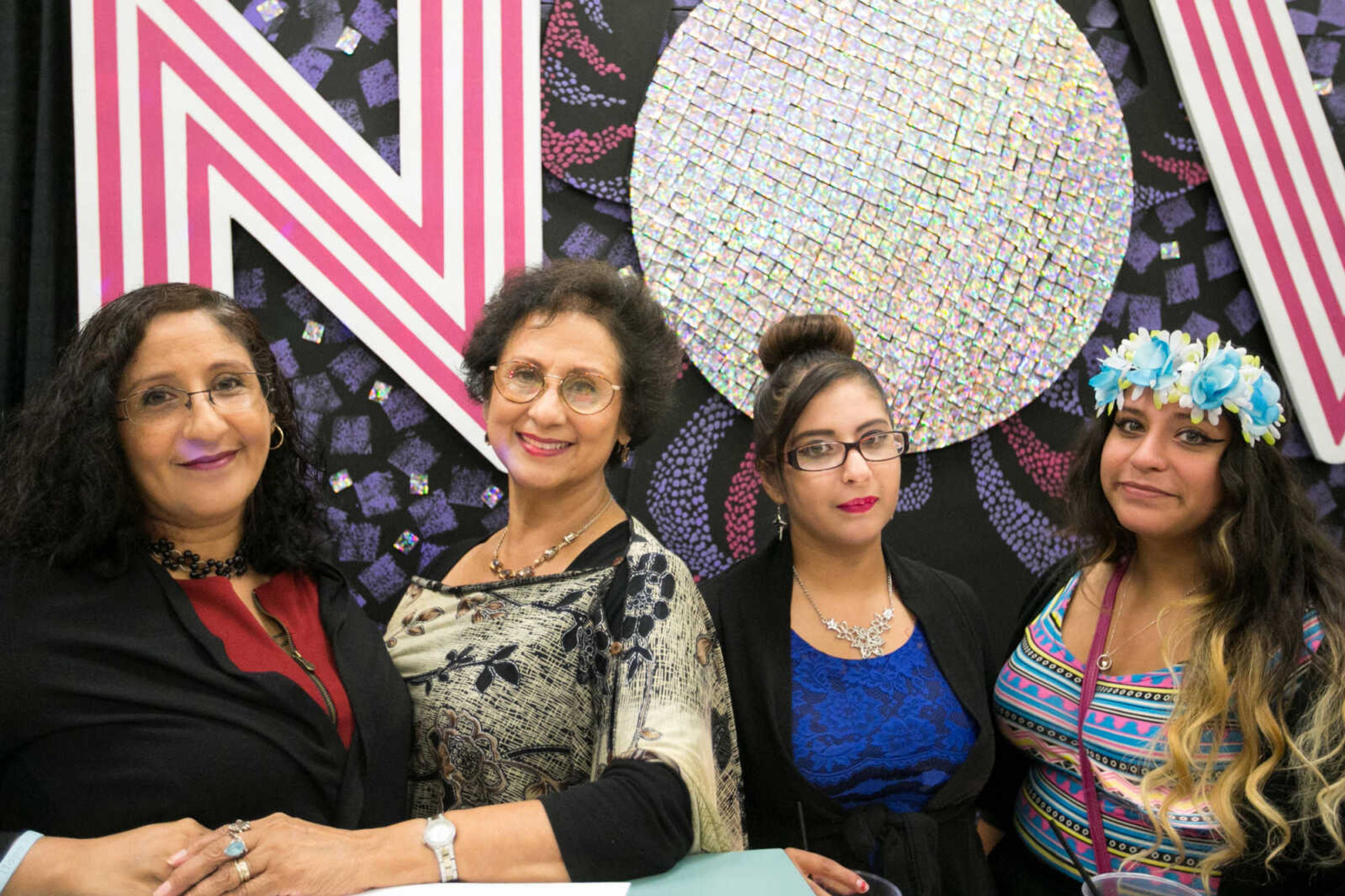 GLENN LANDBERG ~ glandberg@semissourian.com

Monica Sweet, left, Dolores McDowell, Lauren Dominguez and Melissa Wilson pose for a photo before the VintageNOW fashion show at the Osage Centre on Saturday, October 24, 2015.