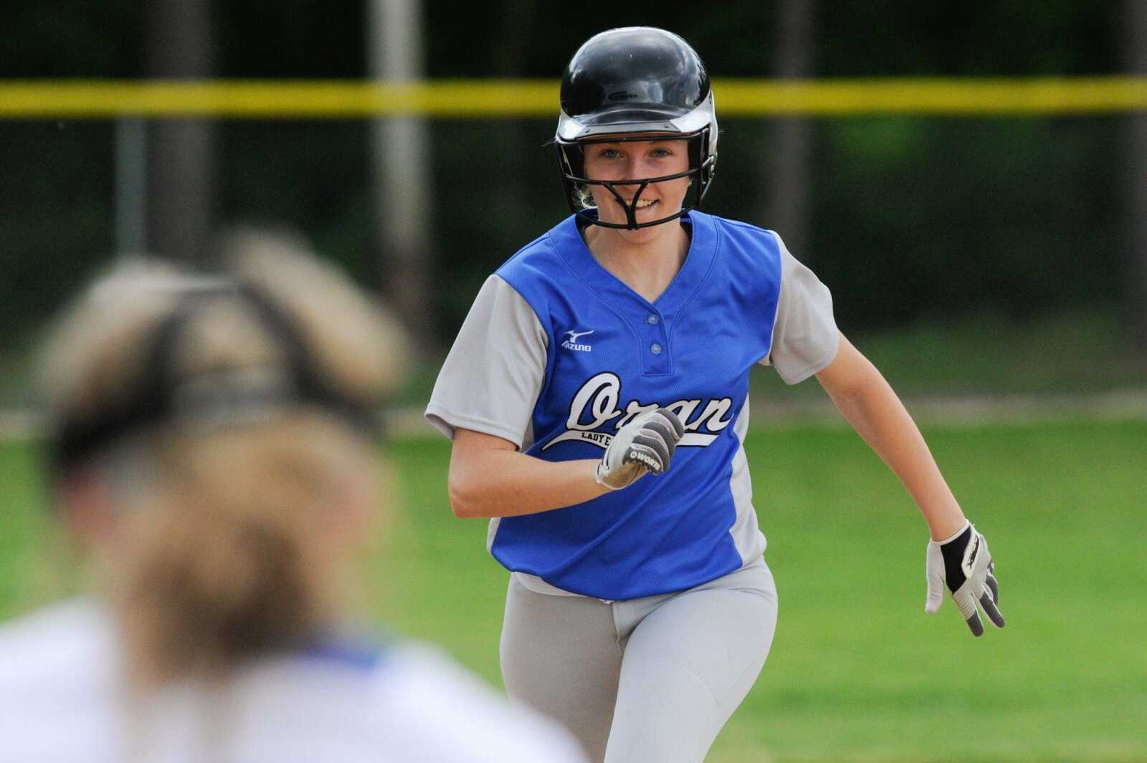 Oran's Brianna Stause makes the run to third base in the third inning against Leopold during a Class 1 District 4 semifinal Tuesday, May 3, 2016 in Marble Hill, Missouri.