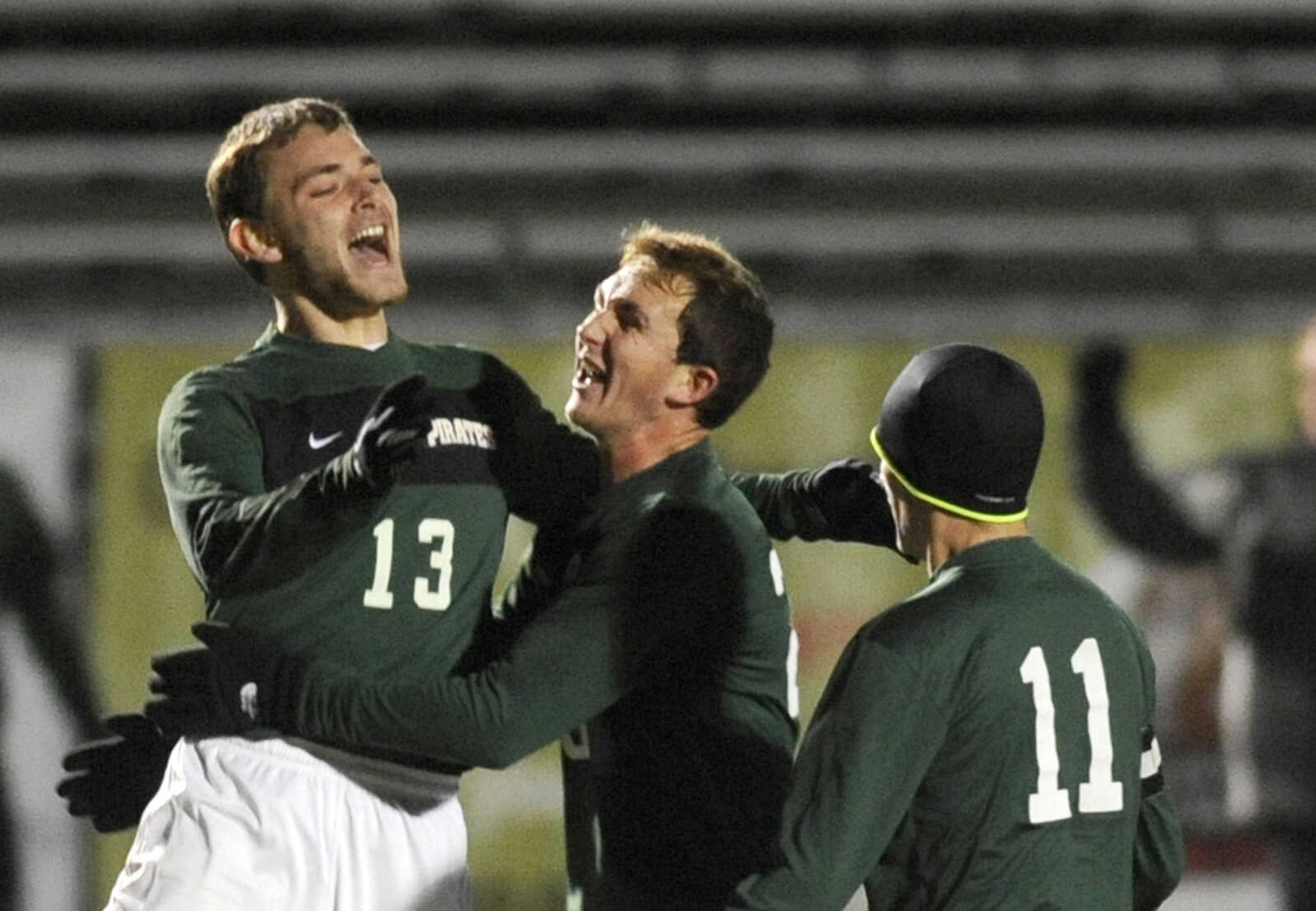 Perryville's Kyle Wood celebrates after scoring his second goal of the Class 2 State Semifinal against St. Pius X of Kansas City at Blue Springs High School Friday, Nov. 14, 2014. (Glenn Landberg)