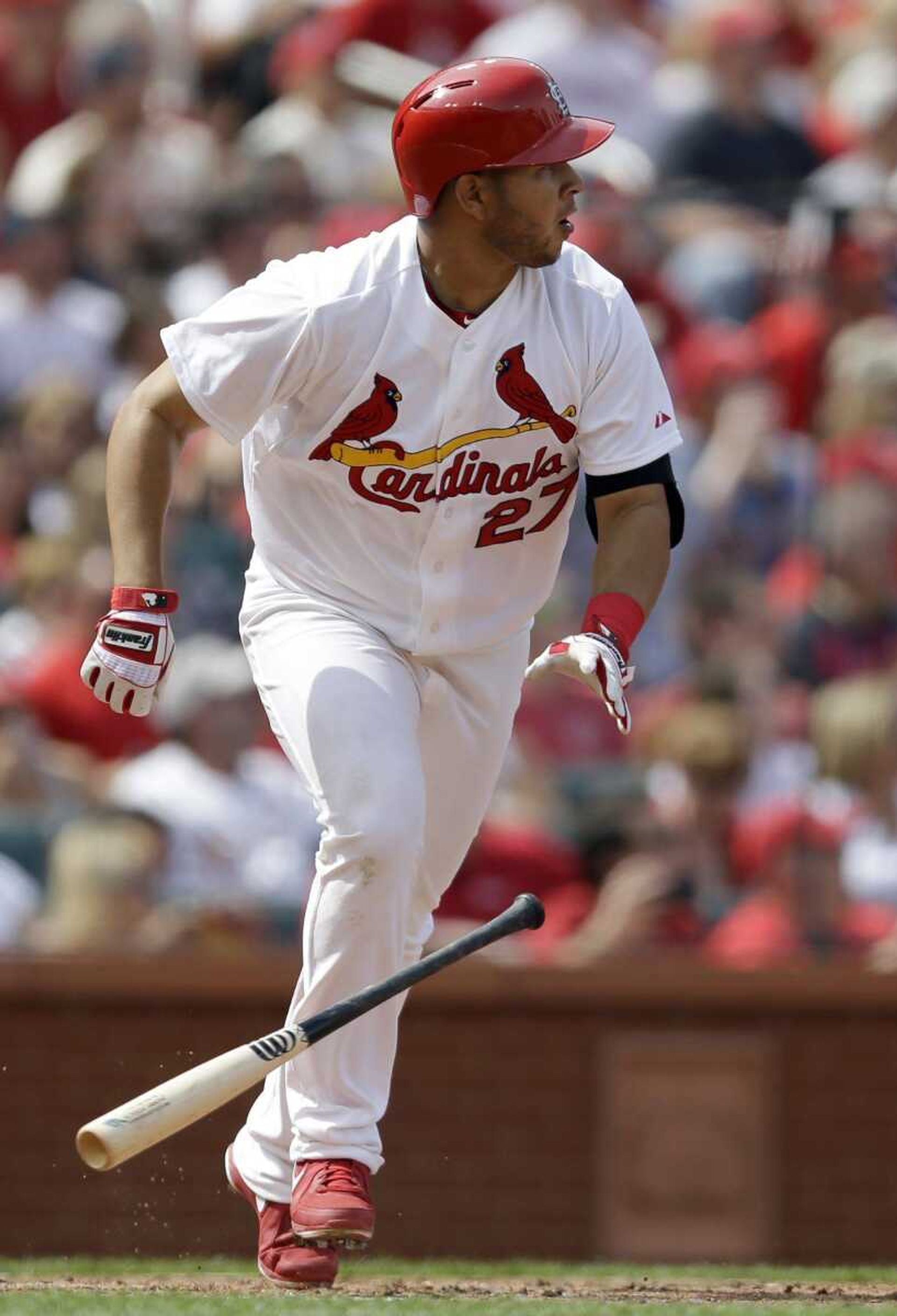 The Cardinals&#8217; Jhonny Peralta watches his three-run home run against the Pirates during the sixth inning Sunday in St. Louis. (Jeff Roberson ~ Associated Press)