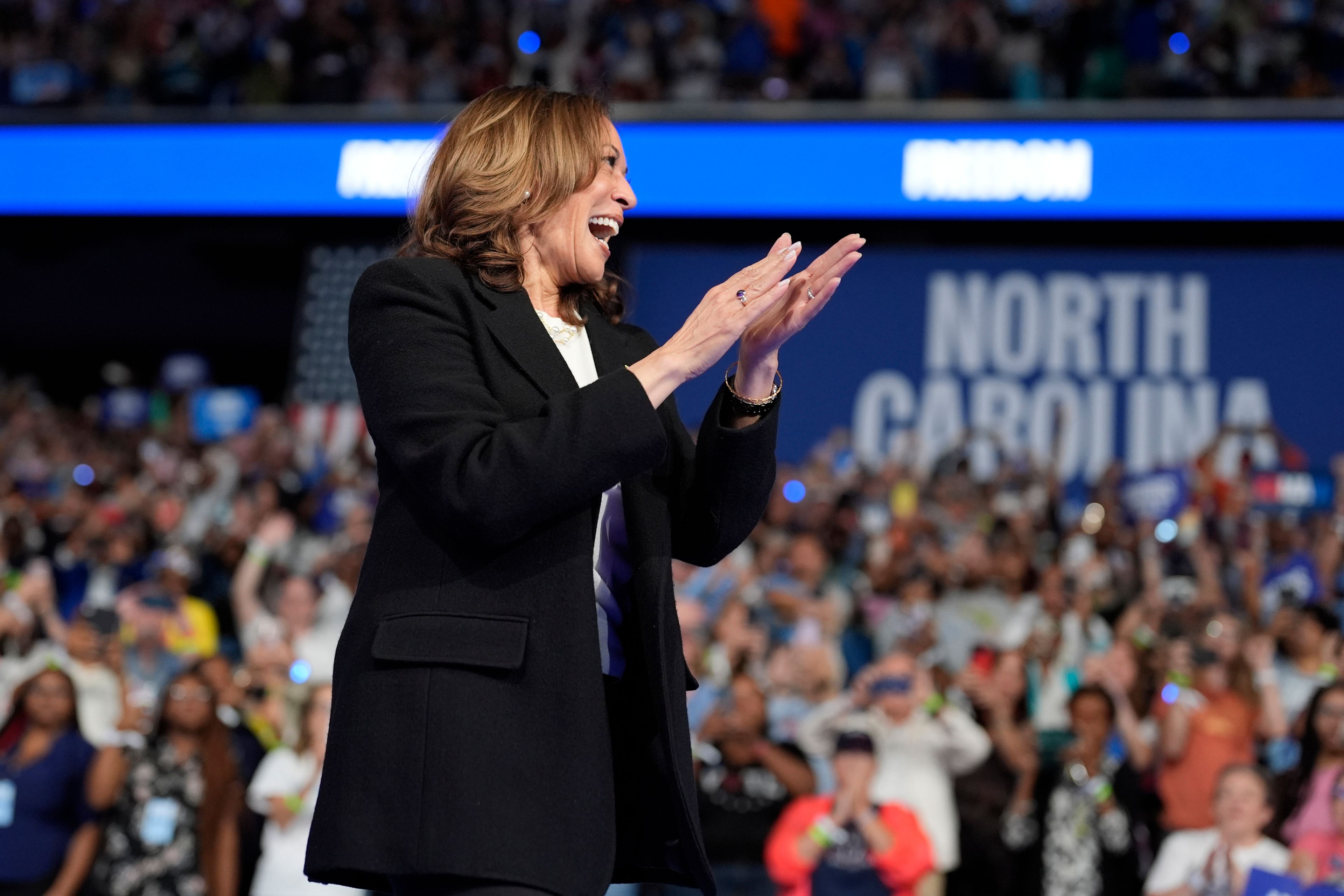 Democratic presidential nominee Vice President Kamala Harris departs after speaking at a campaign event, Thursday, Sept. 12, 2024, in Greensboro, N.C. (AP Photo/Chris Carlson)