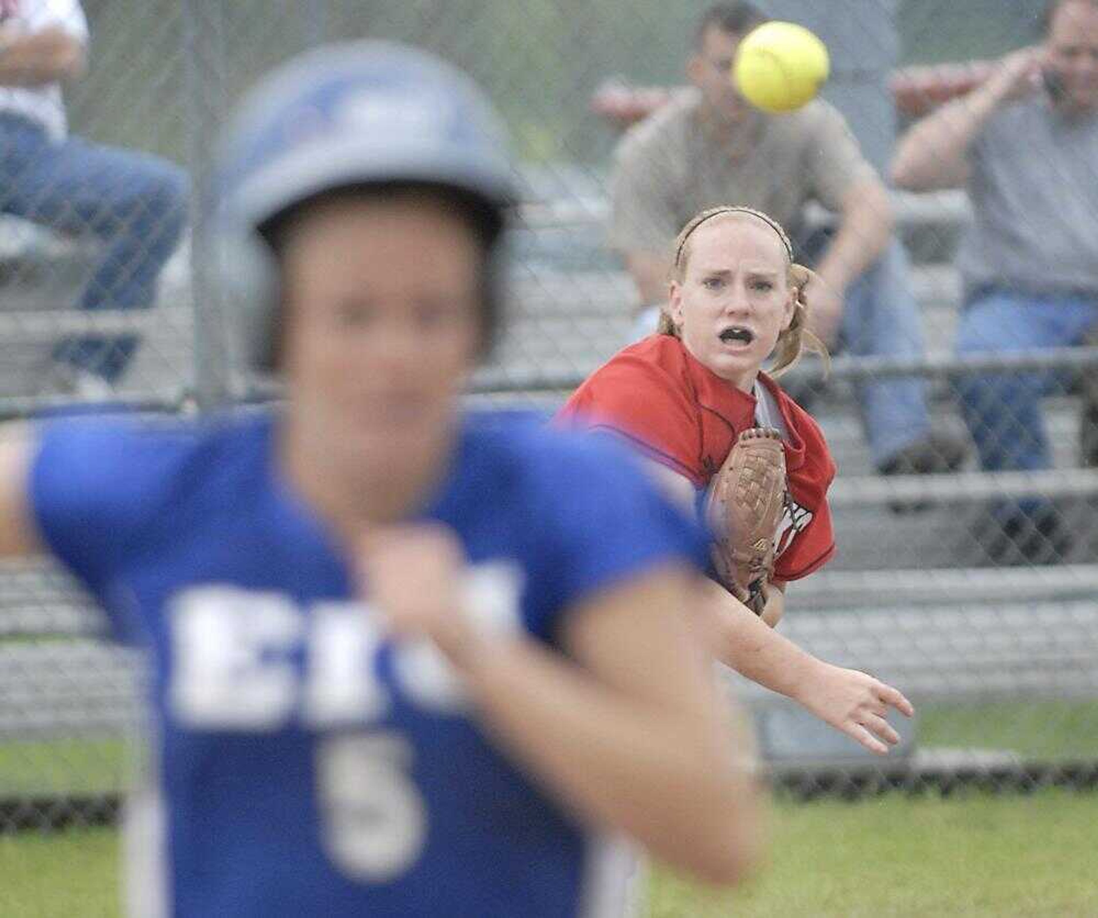 Redhawks sophomore Michelle Summers threw out Eastern Illinois' Megan Nelson after a bunt at the Southeast softball complex Wednesday. Summers hit a three-run homer in Southeast's 5-2 win. (Kit Doyle)