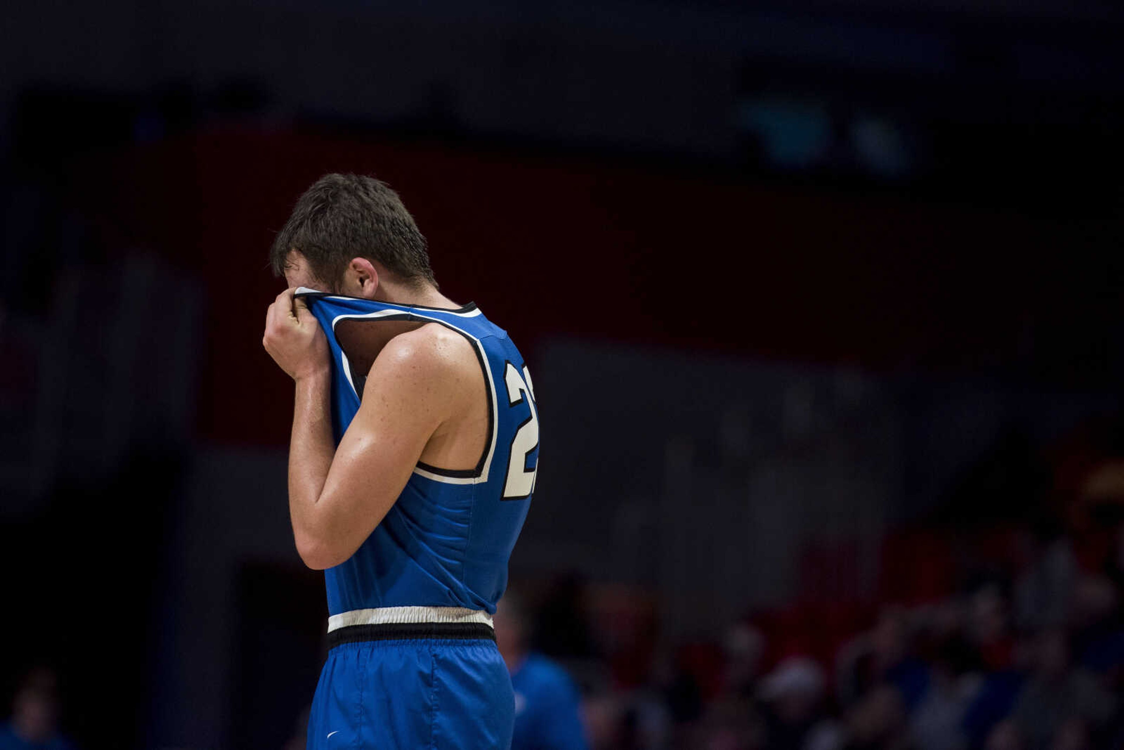 Delta junior Eric Berry (23) wipes sweat from his face with his jersey during the 5th-place matchup between the Eagles and the Bobcats during the Southeast Missourian Christmas Tournament at the Show Me Center Saturday, Dec. 29, 2018. Oran won 72-53.