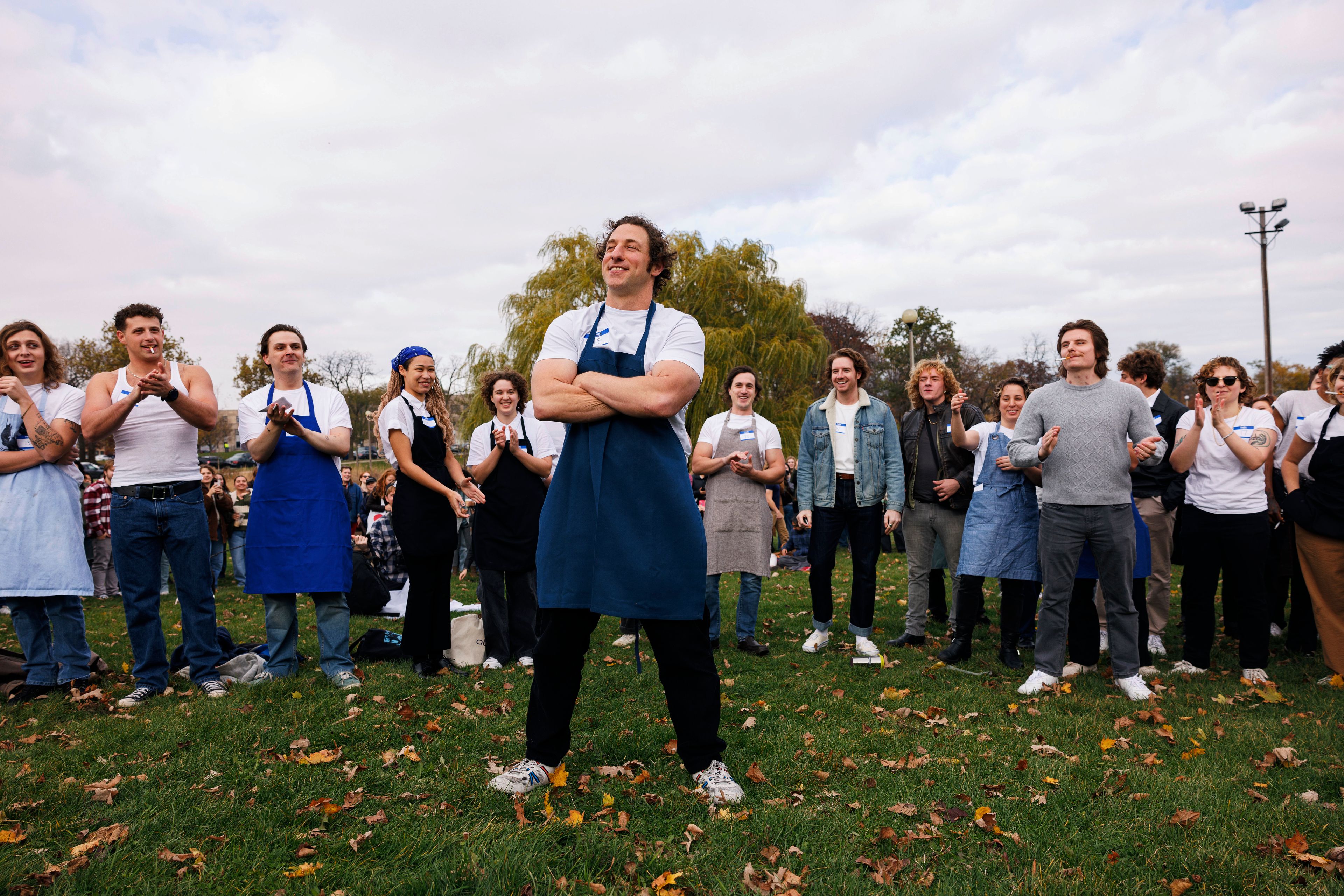 The winner, Ben Shabad stands in front to cheers while attendees vote during a Jeremy Allen White look a like at contest at Humboldt Park, Saturday, Nov. 16, 2024 in Chicago. (Anthony Vazquez/Chicago Sun-Times via AP)