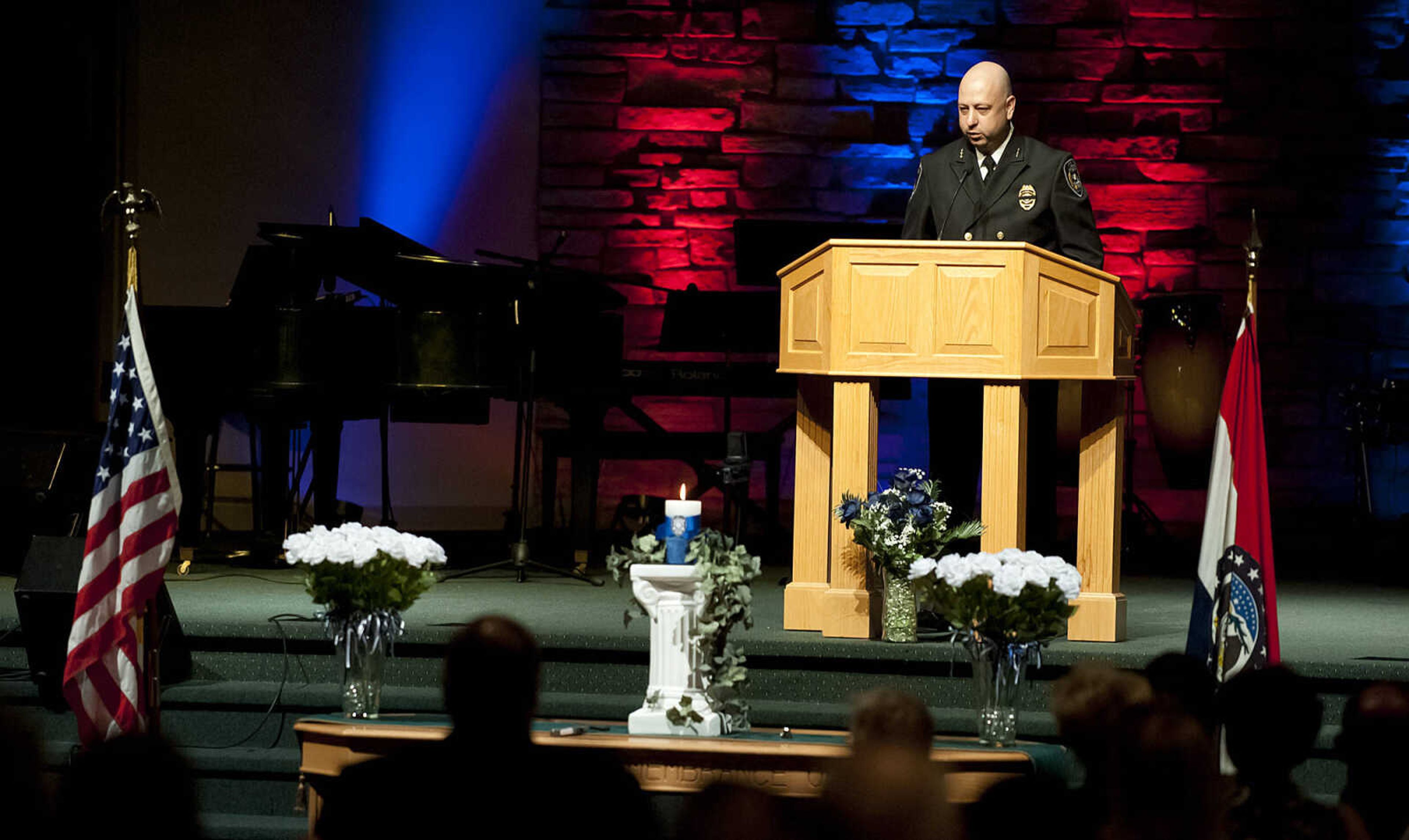 Cape Girardeau police chief Wes Blair speaks during the Senior and Lawmen Together Law Enforcement Memorial Friday, May 9, at the Cape Bible Chapel. The annual memorial honored the 48 Southeast Missouri law enforcement officers that have died in the line of duty since 1875.