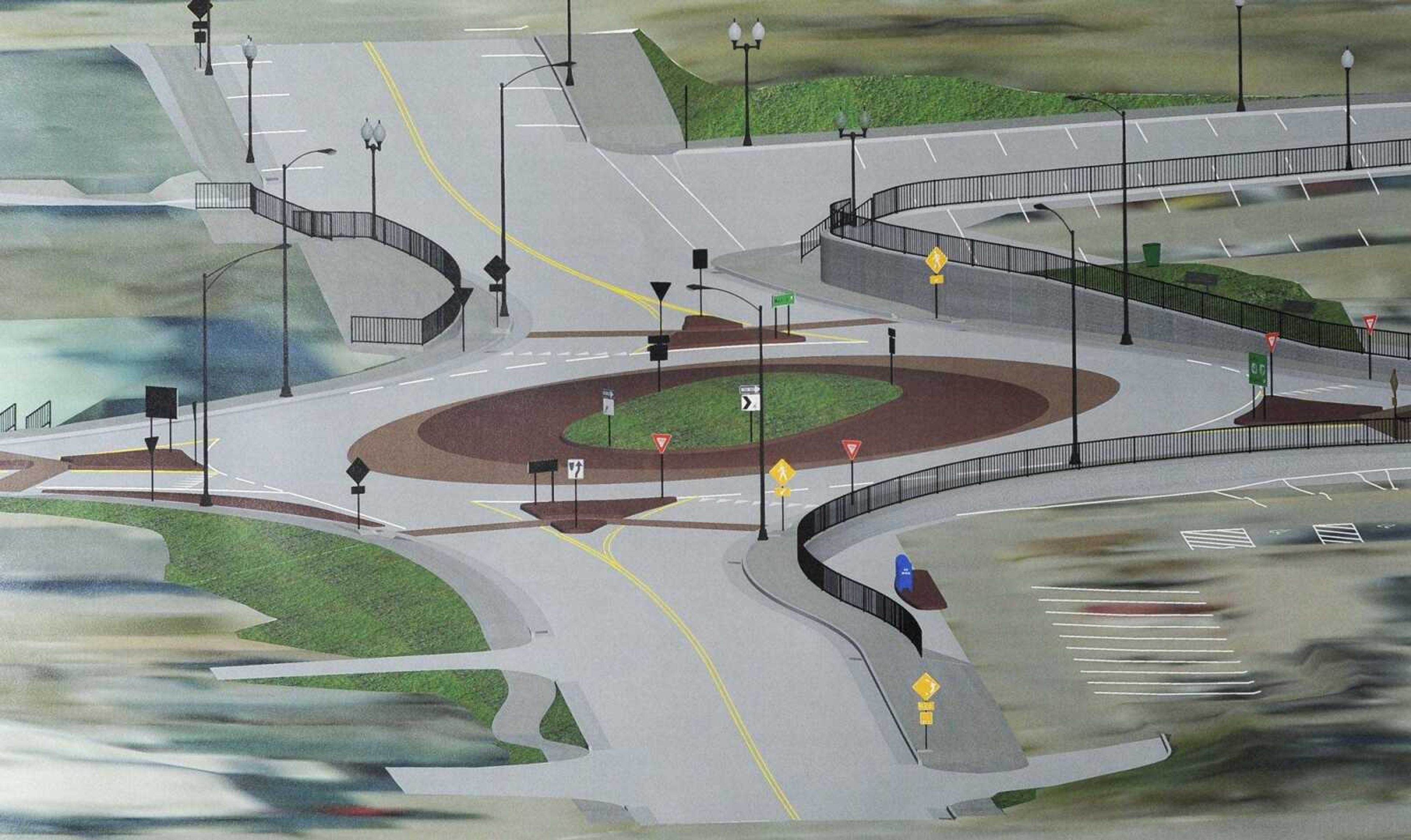 An artist's rendering of the proposed roundabout in uptown Jackson, looking west from Main Street.
(Missouri Department of Transportation)