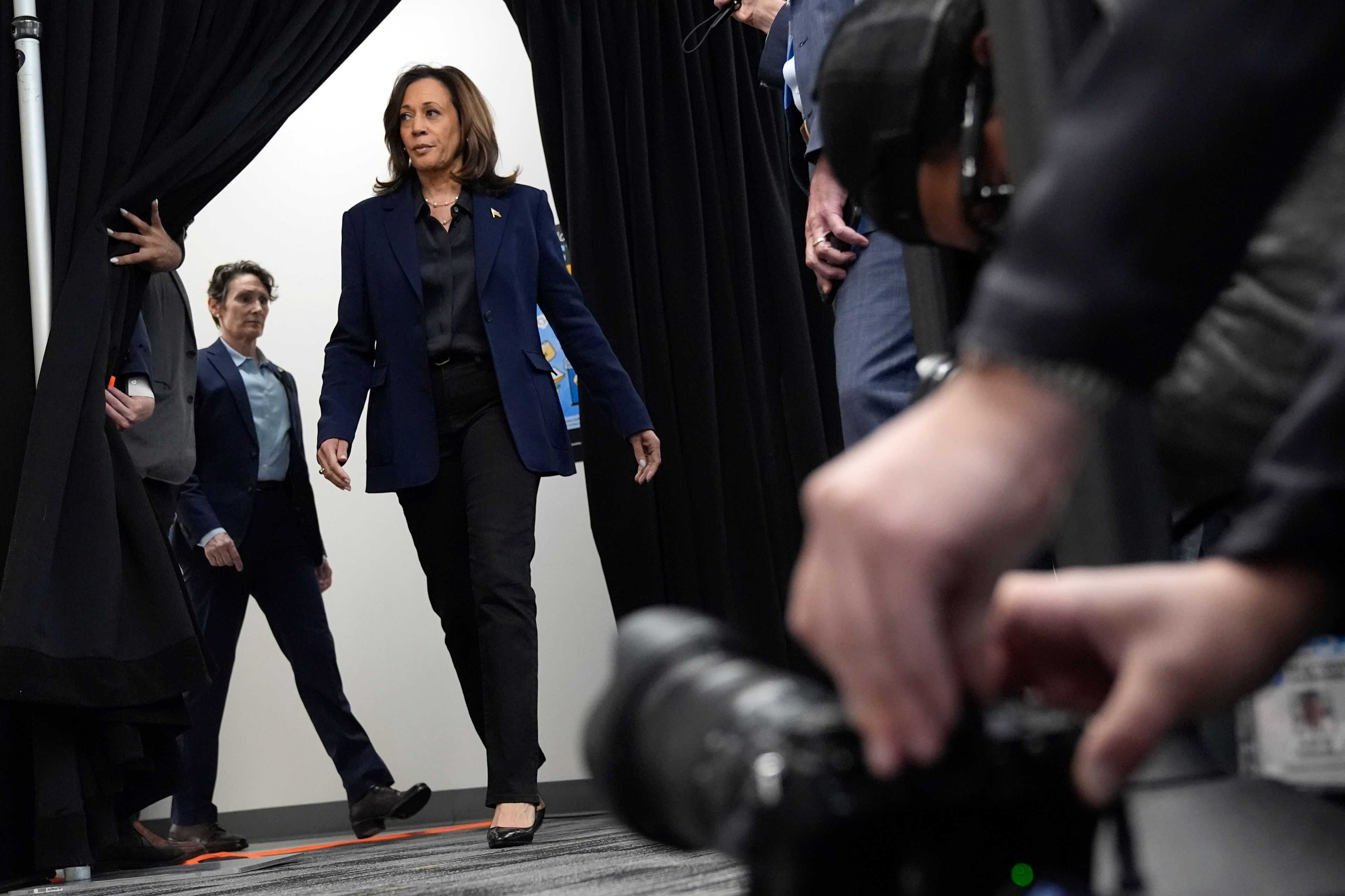 Democratic presidential nominee Vice President Kamala Harris arrives to speak about the killing of Hamas' top leader Yahya Sinwar in a battle with Israeli forces in Gaza, Thursday, Oct. 17, 2024, following a campaign rally at the University of Wisconsin Milwaukee. (AP Photo/Jacquelyn Martin)