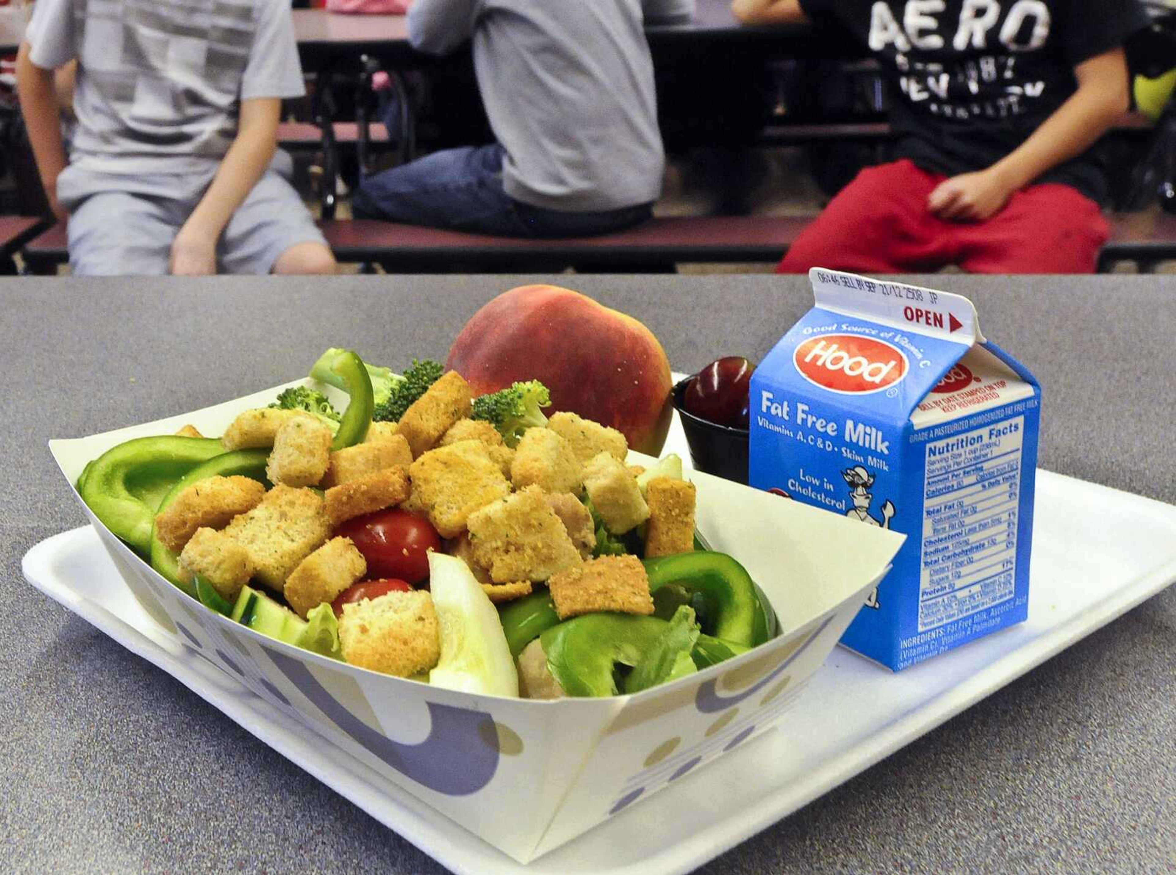 A healthy chicken-salad school lunch sits on display Sept. 11, 2012, at the cafeteria at Draper Middle School in Rotterdam, New York.