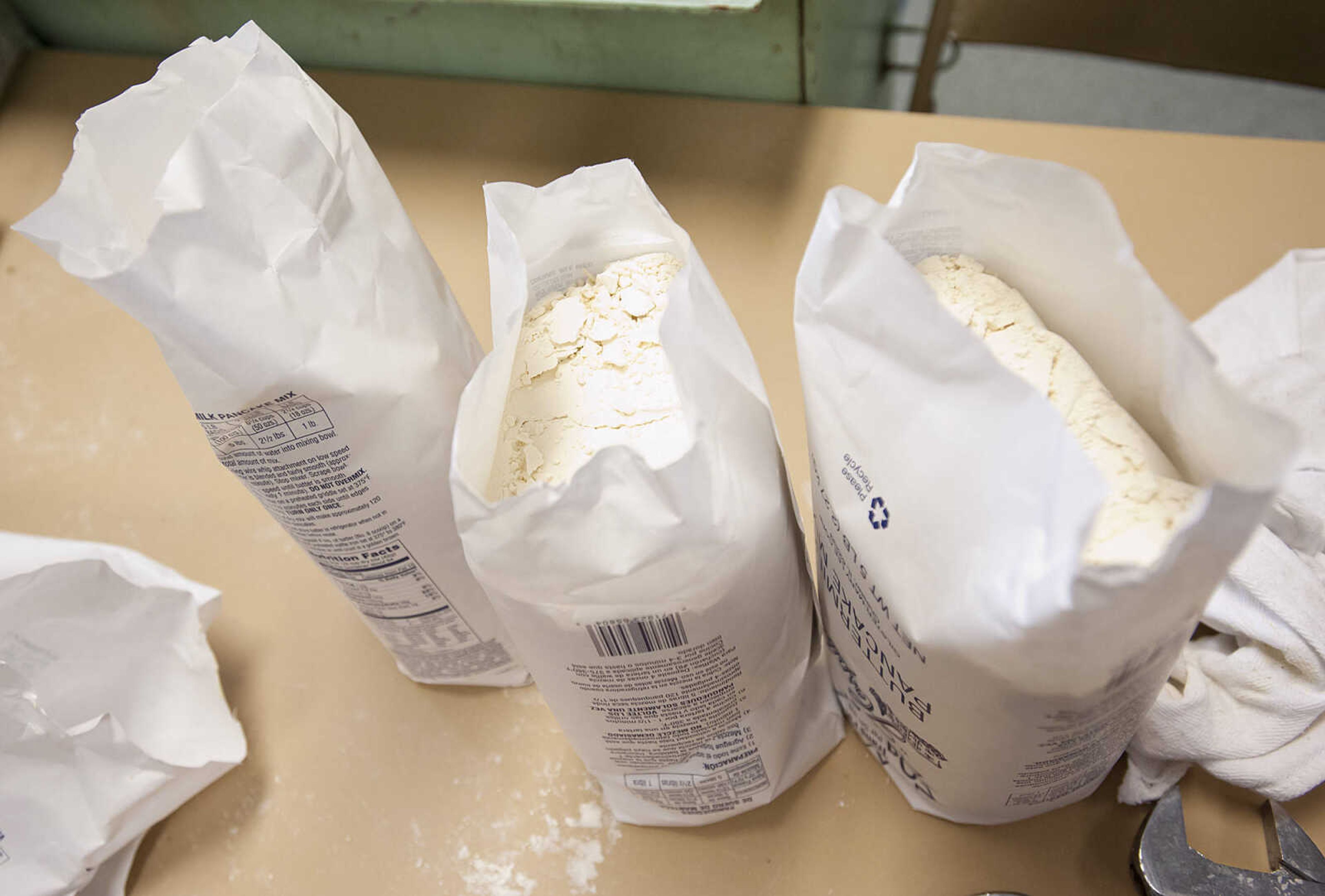 Pancake batter sits ready to be mixed during the 76th Annual Noon Lions Club Pancake Day Wednesday, March 12, at the Arena Building in Cape Girardeau. The club makes enough pancake batter to serve up to 14,000 pancakes to over  3,000 people during the twelve hour event according to Robbie Guard, the General Chairman of the Pancake Committee. The longest continuously running pancake event in the United States, pancake day is the Noon Lions Club's principal fundraiser for the year.