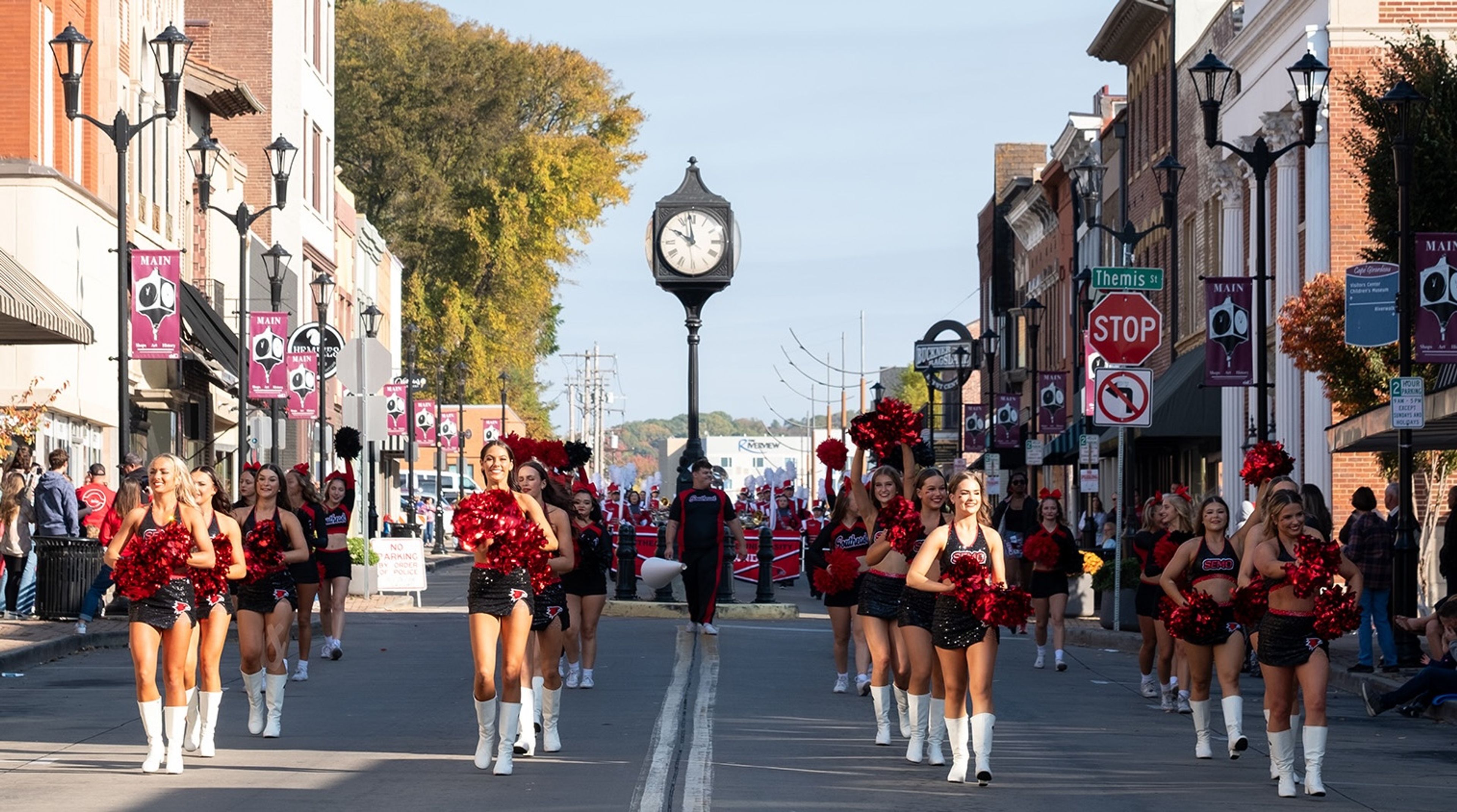 Southeast Missouri State University Sundancers and Cheerleaders lead the annual Homecoming parade in downtown Cape Girardeau on Saturday, Oct. 26.
