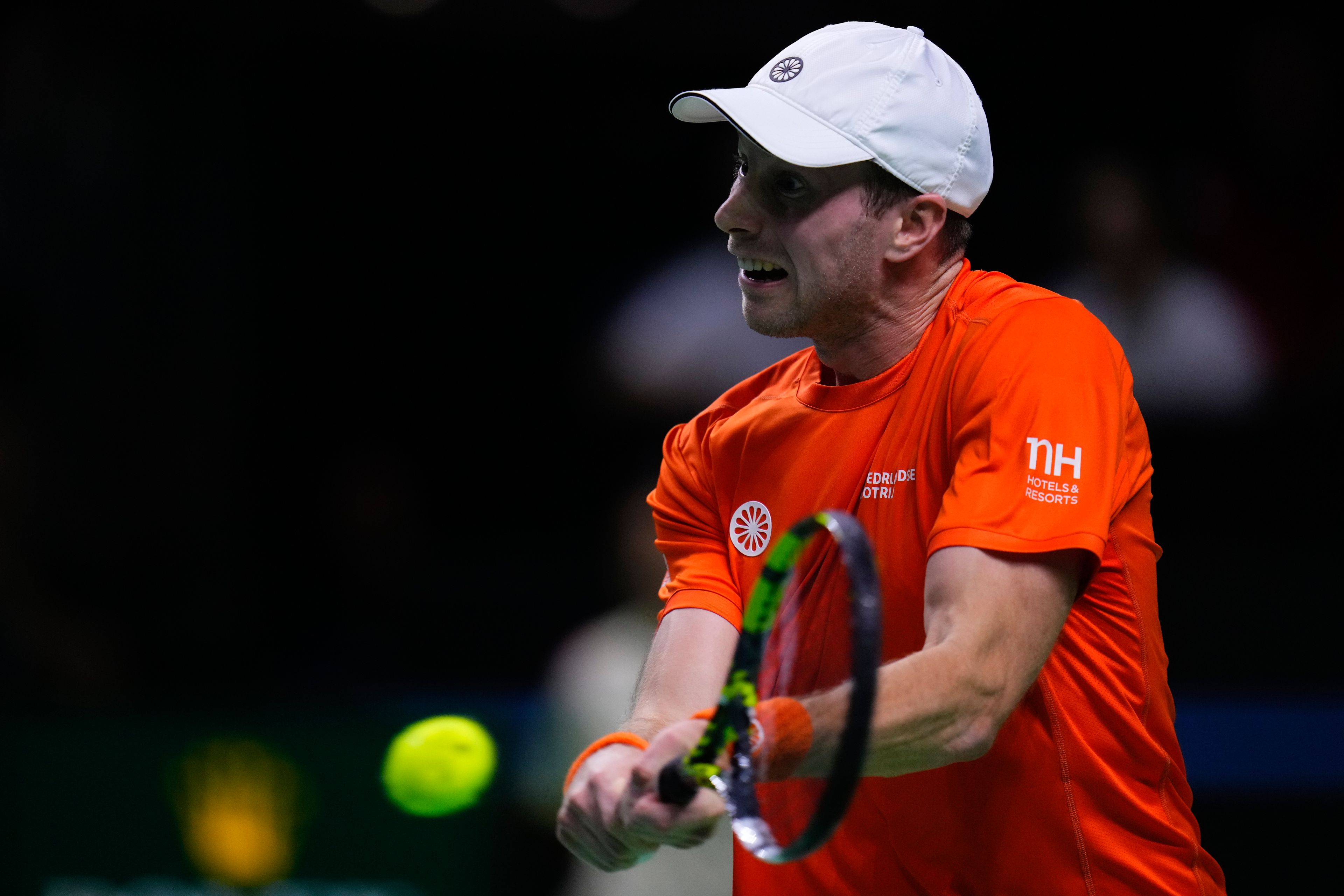 Netherlands' tennis player Botic Van De Zandschulp competes against Spain's Rafael Nadal during a Davis Cup quarterfinal match at Martin Carpena Sports Hall in Malaga, southern Spain, on Tuesday, Nov. 19, 2024. (AP Photo/Manu Fernandez)