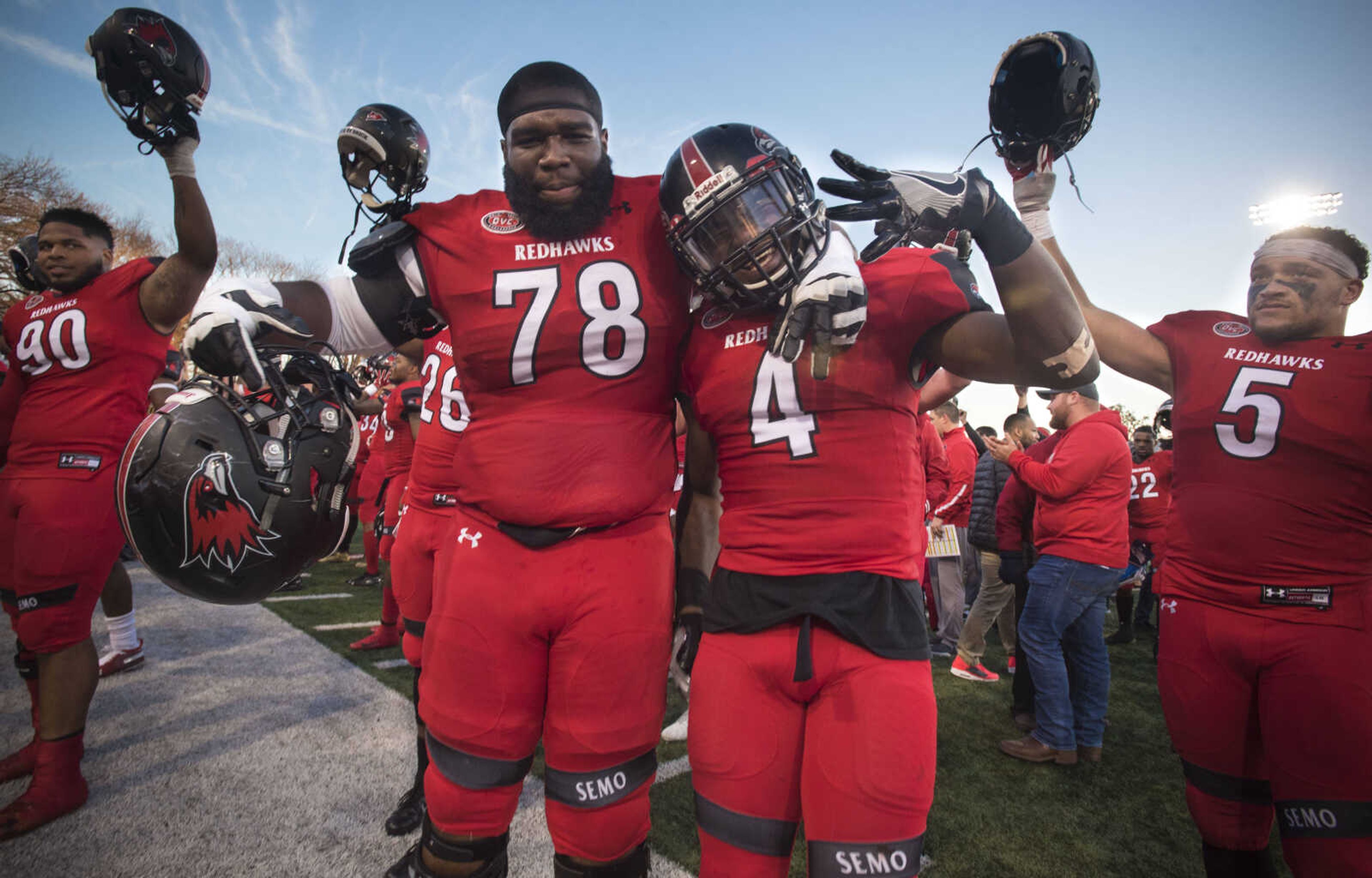 Southeast Missouri State lineman Junior Pierre (78) and wide receiver Jerrick Orr (4) celebrate after defeating Stony Brook in a Football Championship Subdivision playoff game Saturday, Nov. 24, 2018, at Houck Stadium in Cape Girardeau.