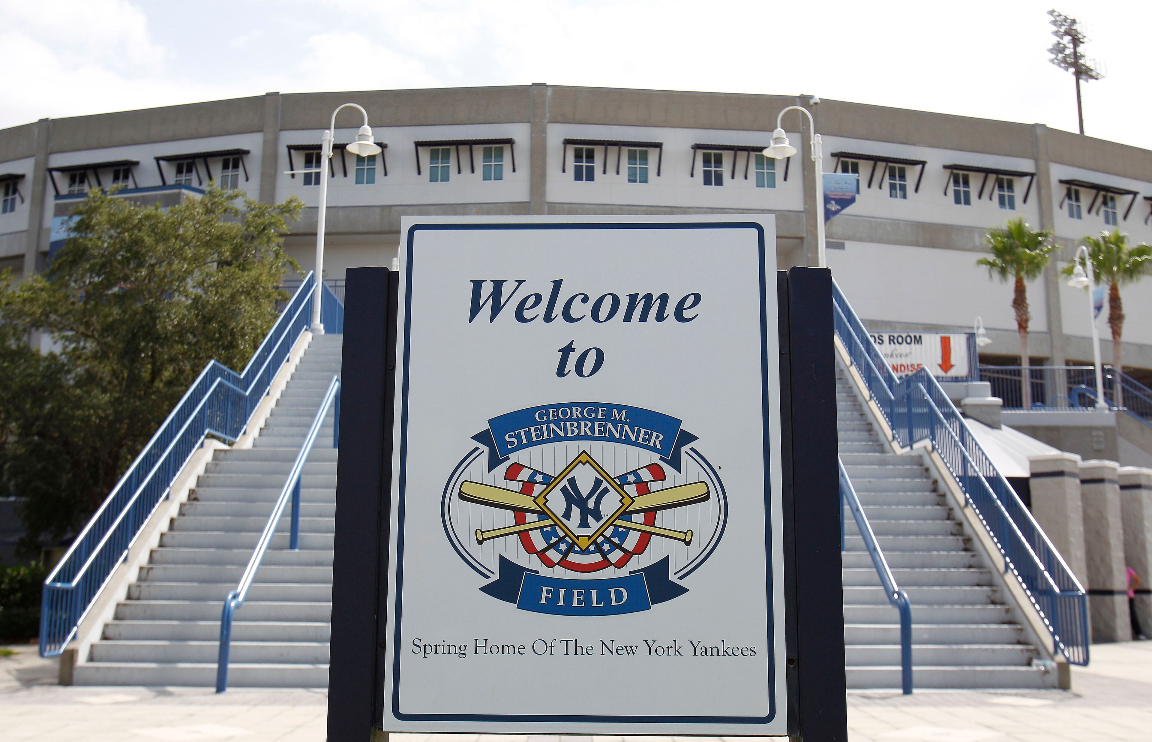 FILE - A sign welcoming baseball fans to George M. Steinbrenner Field, the spring training home of the New York Yankees is shown Tuesday, July 13, 2010, in Tampa, Fla. (AP Photo/Chris O'Meara, File)