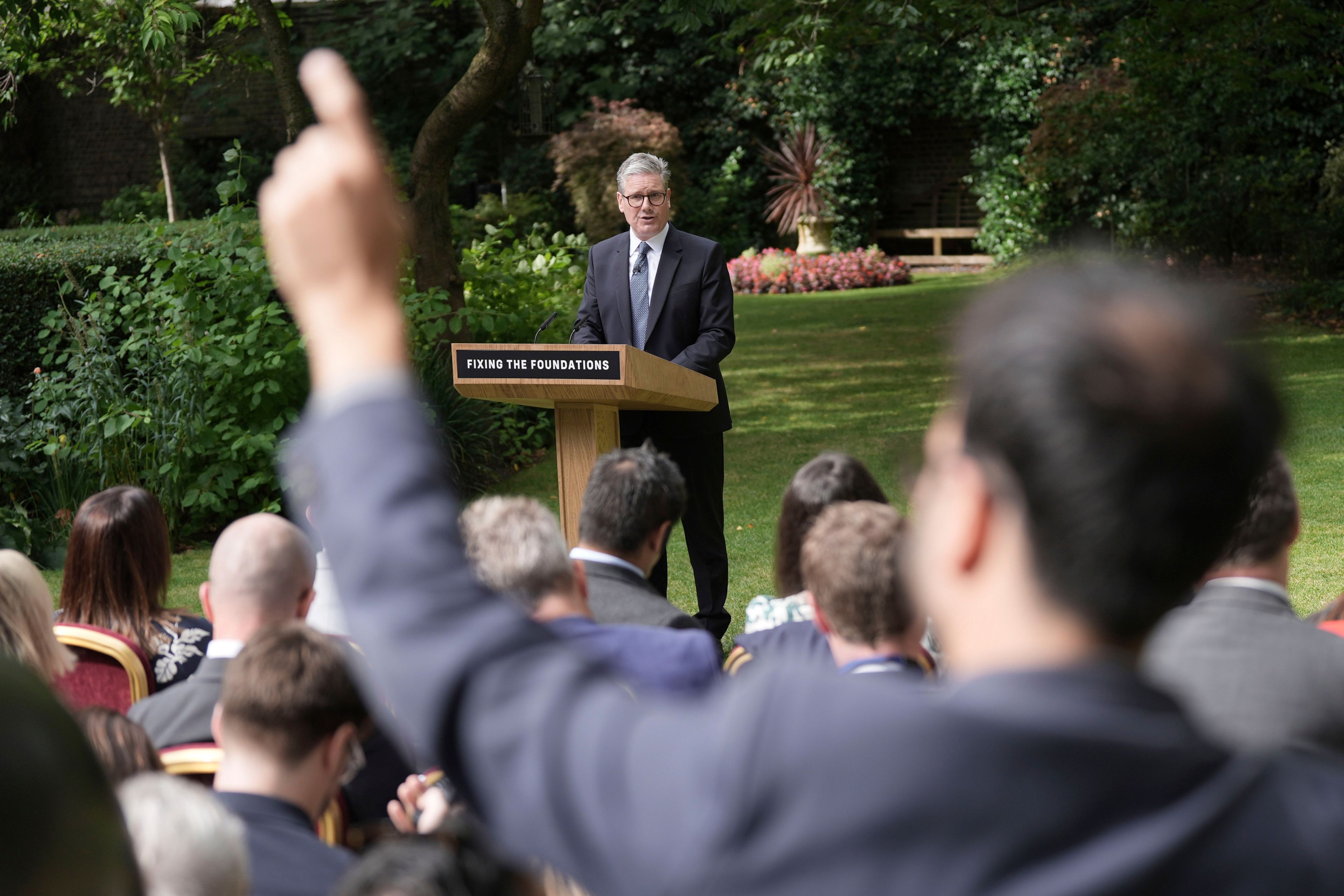 FILE - Britain's Prime Minister Keir Starmer takes a question, during a press conference in the Rose Garden at 10 Downing Street, London, Tuesday, Aug. 27, 2024. (Stefan Rousseau/Pool Photo via AP, File)