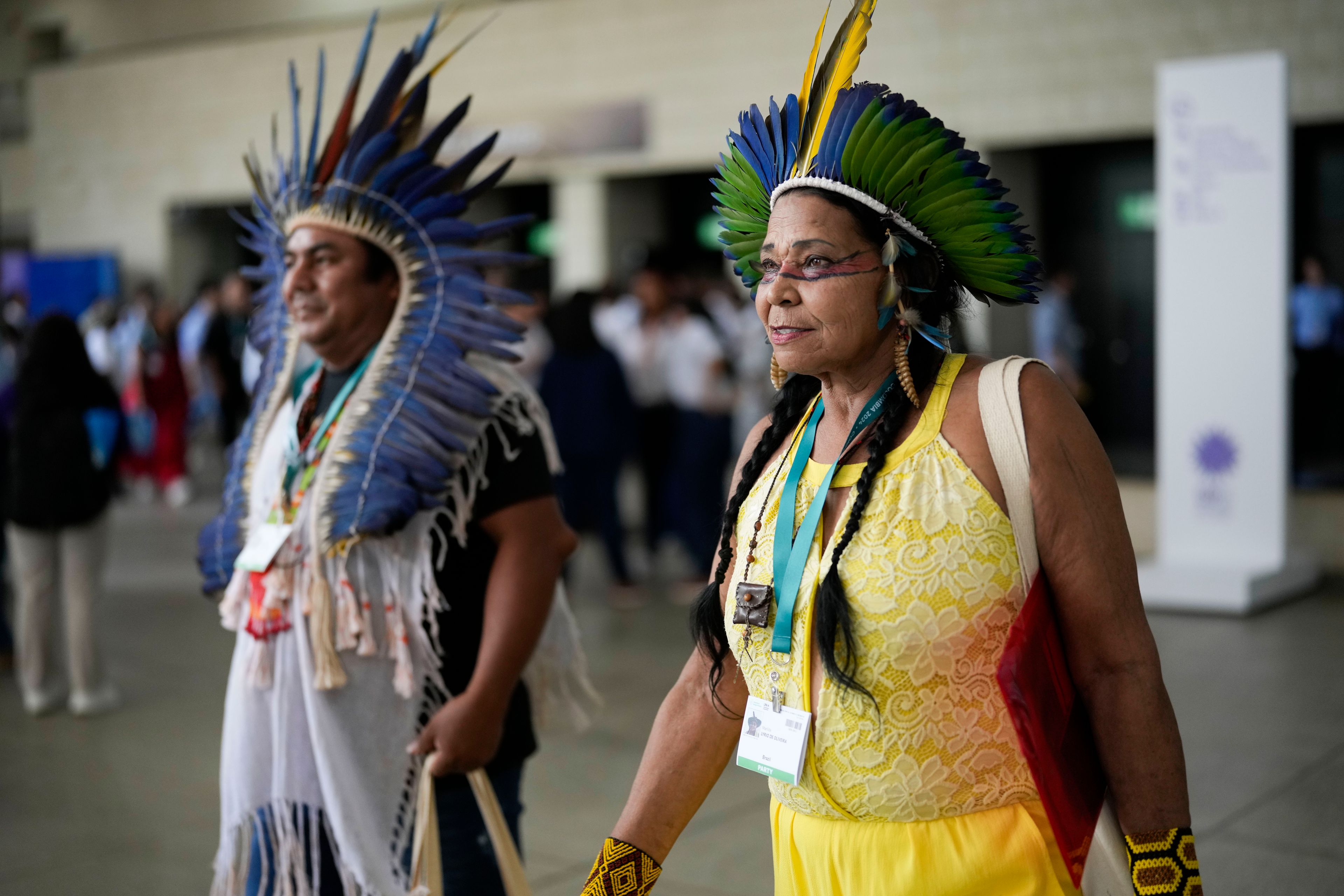 Members of Brazil's Indigenous delegation arrive to the opening ceremony of COP16, a United Nations' biodiversity conference, in Cali, Colombia, Sunday, Oct. 20, 2024. (AP Photo/Fernando Vergara)