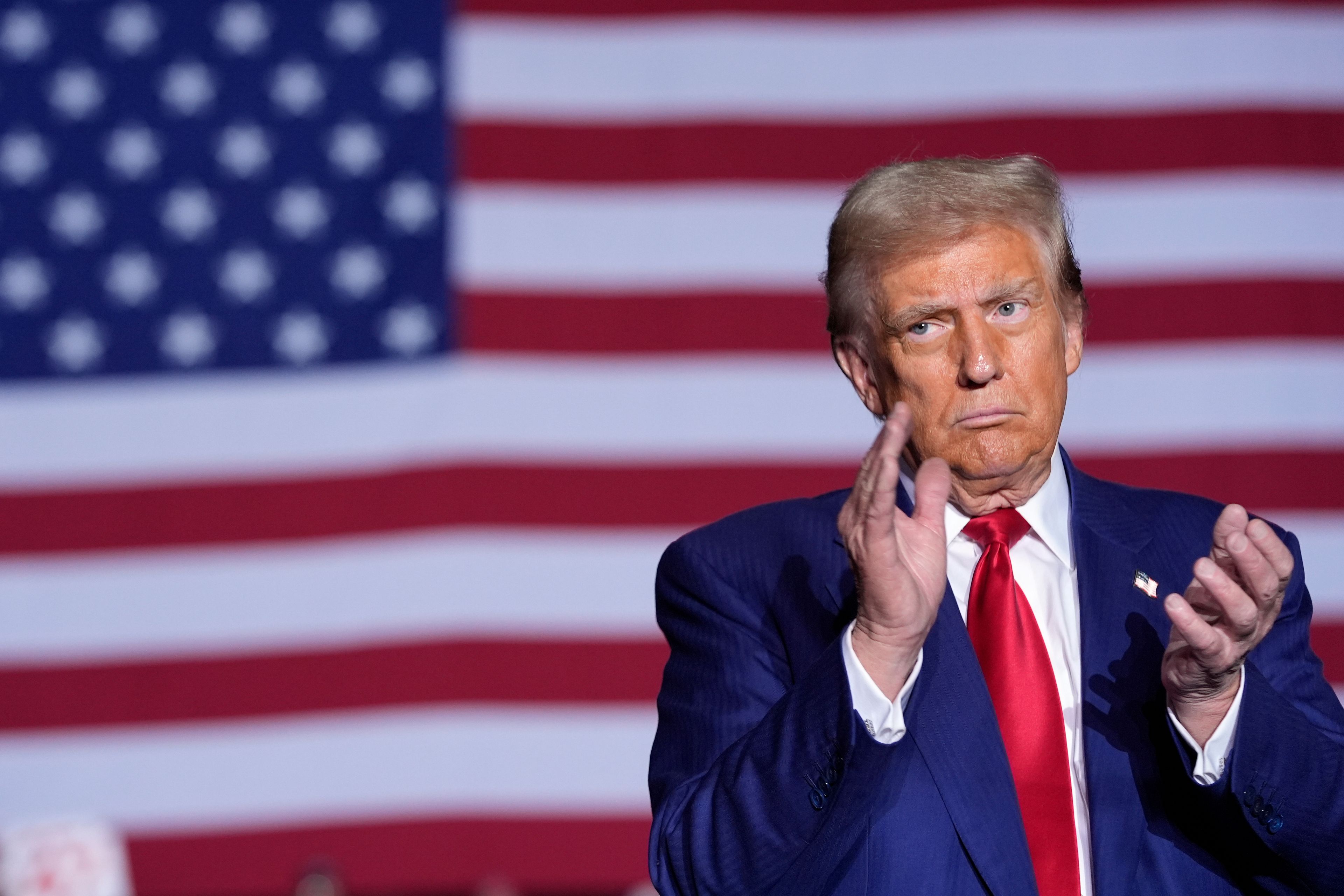 Republican presidential nominee former President Donald Trump speaks during a campaign rally at the Suburban Collection Showplace, Saturday, Oct. 26, 2024, in Novi, Mich. (AP Photo/Alex Brandon)