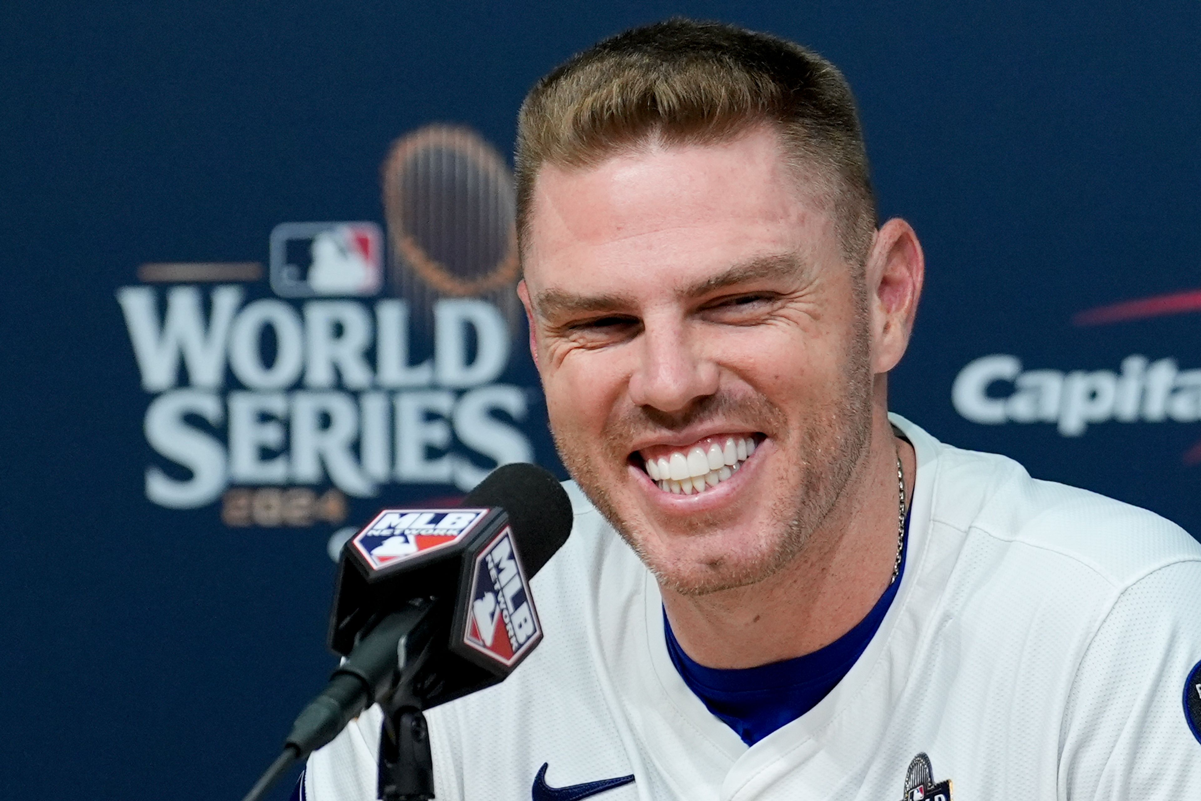 Los Angeles Dodgers' Freddie Freeman speaks during a news conference after his walk-off grand slam home run against the New York Yankees during the 10th inning in Game 1 of the baseball World Series, Friday, Oct. 25, 2024, in Los Angeles. (AP Photo/Ashley Landis)