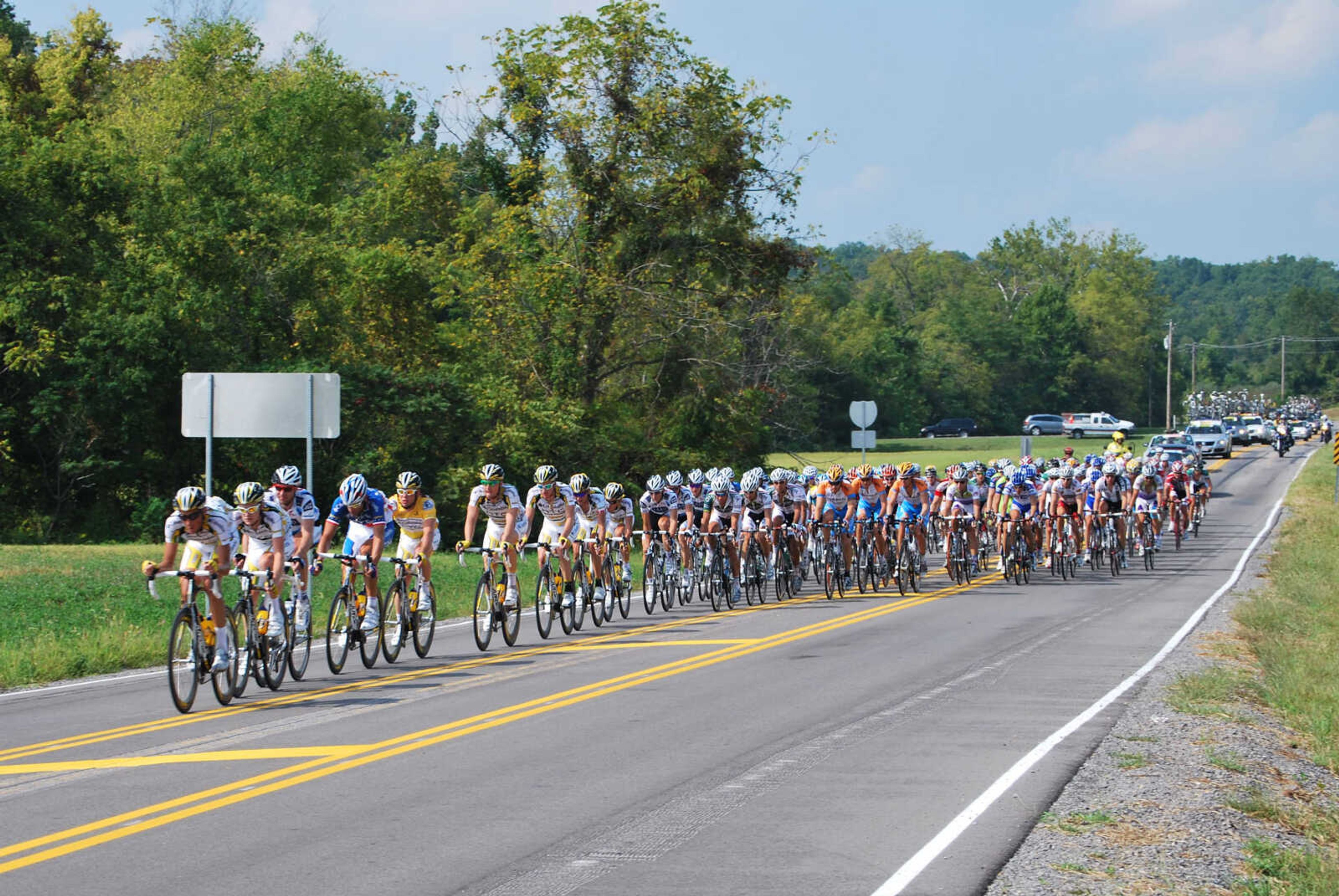 The racers come down Route W during Stage 2 of the Tour of Missouri.