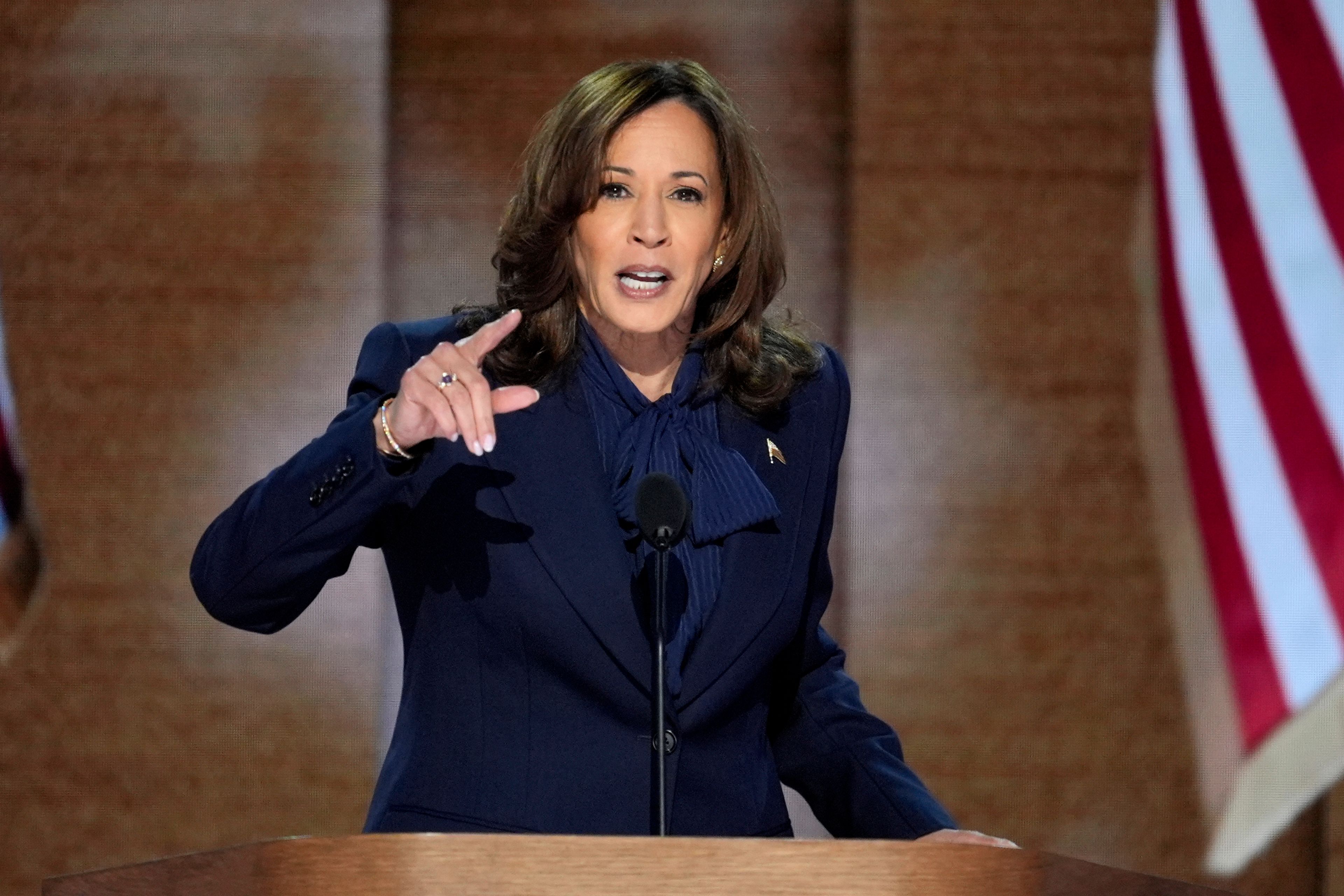 Democratic presidential nominee Vice President Kamala Harris speaks during the Democratic National Convention Thursday, Aug. 22, 2024, in Chicago. (AP Photo/J. Scott Applewhite)