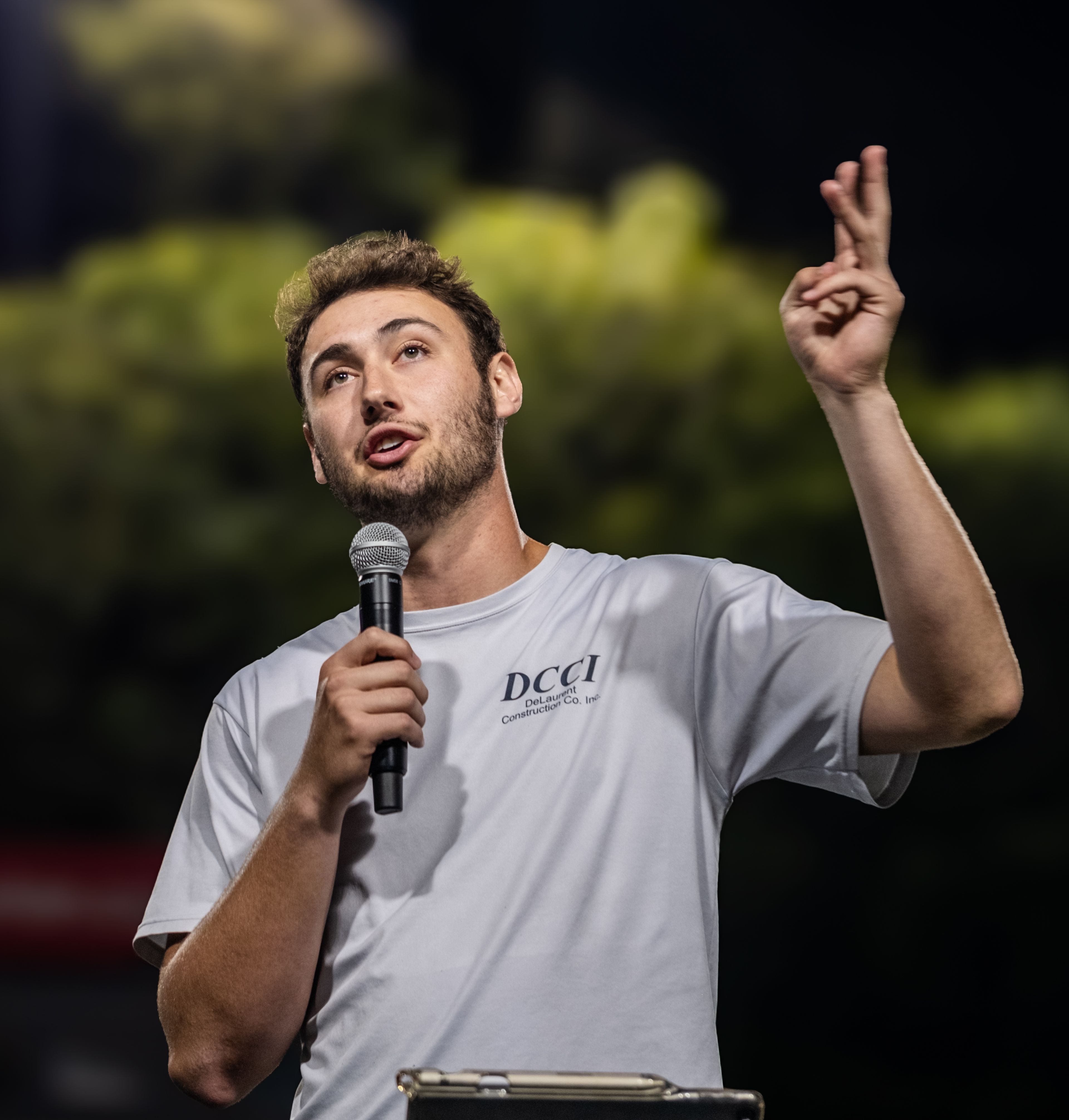 Southeast Missouri State University Redhawks senior quarterback Paxton DeLaurent of Lake of the Ozarks, shares his testimony, during the Fellowship of Christian Athletes Fields of Faith event Wednesday, Oct. 9. at Houck Stadium.
