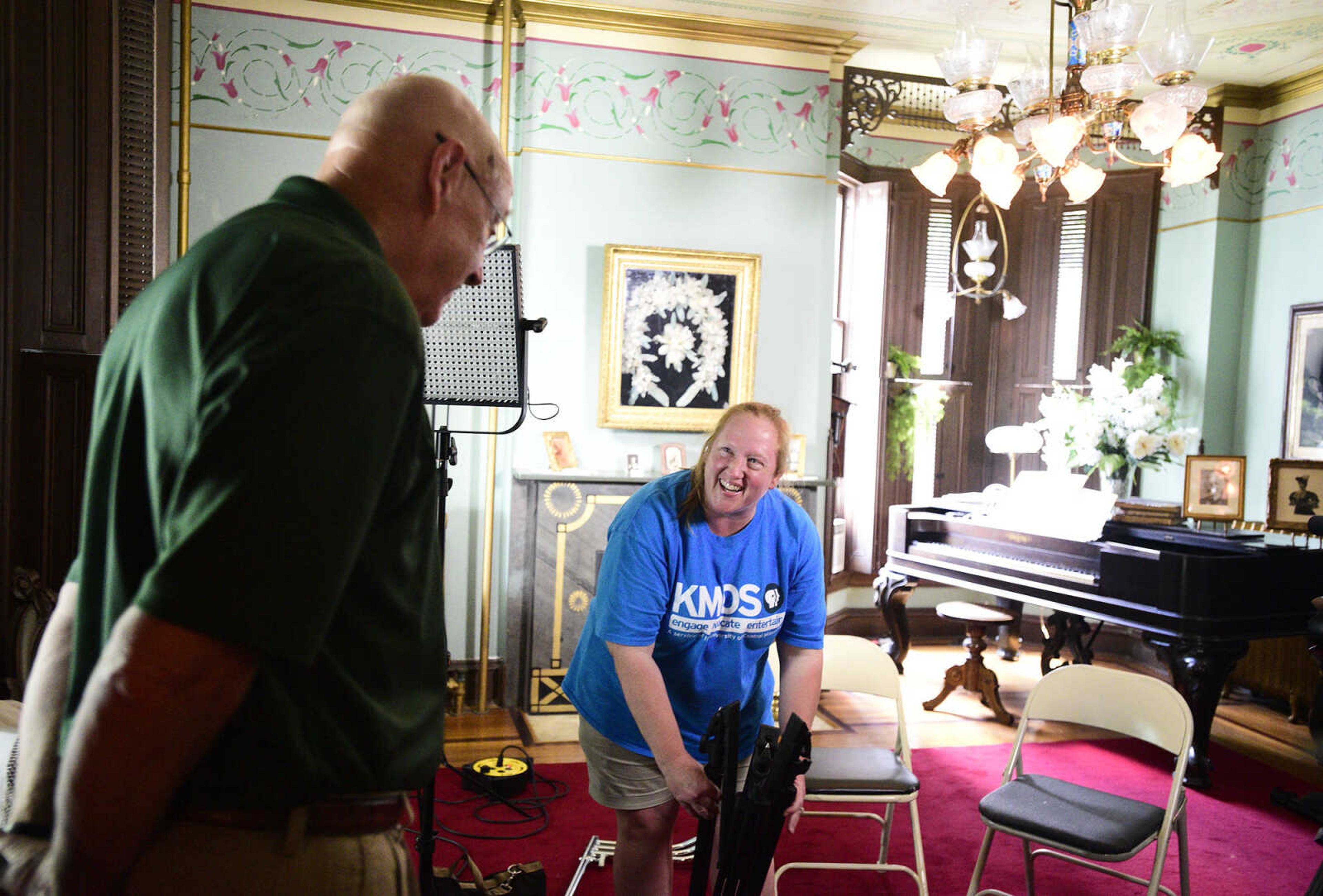 Tom Grantham, left, chats with Christy Millen from KMOS-TV on Wednesday, Aug. 16, 2017, in Cape Girardeau. KMOS-TV, a PBS affiliate, was filming inside the historic home for its Missouri Life show.