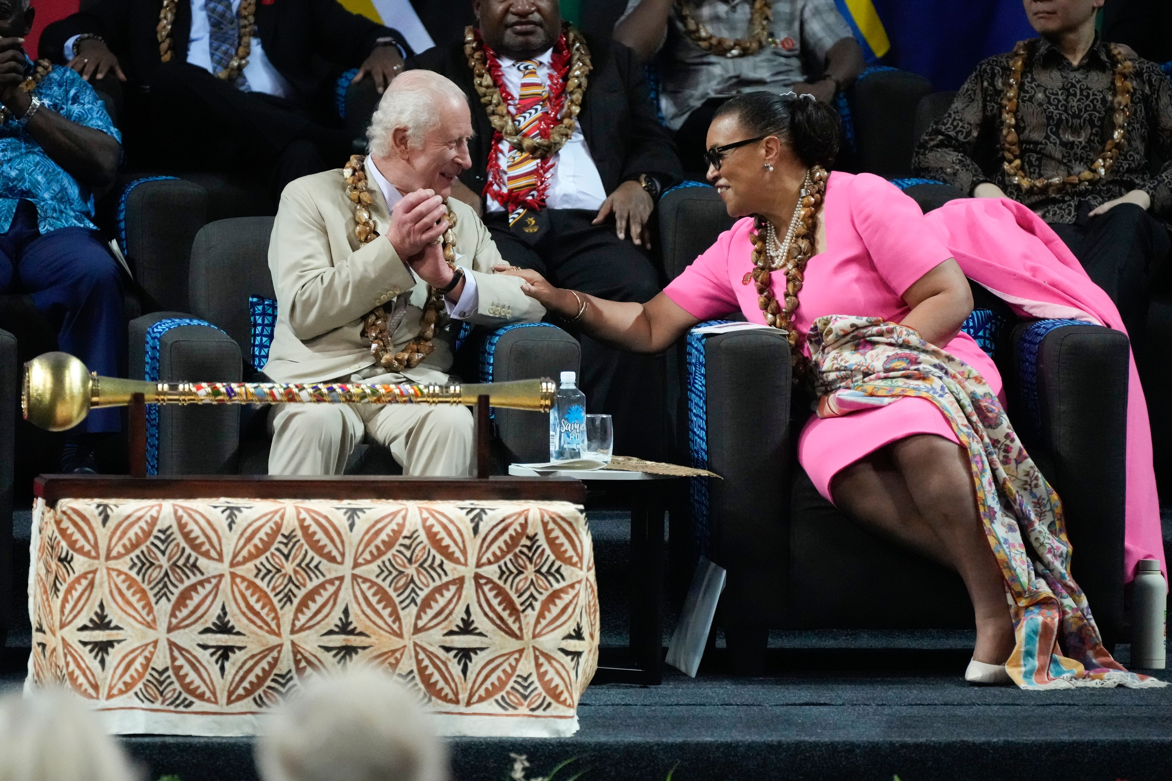 Britain's King Charles and CHOGM Secretary General Patricia Scotland talk during the opening ceremony for the Commonwealth Heads of Government meeting in Apia, Samoa, Friday, Oct. 25, 2024. (AP Photo/Rick Rycroft/Pool)