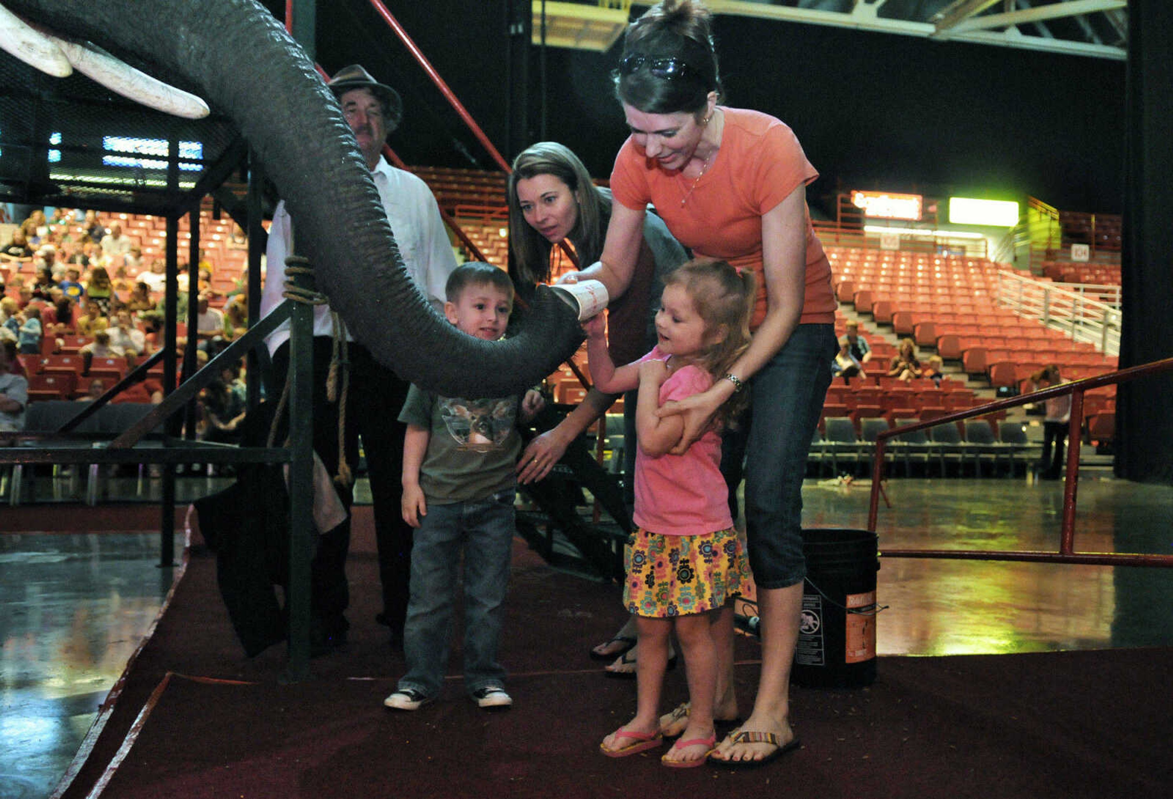 KRISTIN EBERTS ~ keberts@semissourian.com

Aaron Hughey, 4, mother Amber Hughey, Maggie Jenkins, 3, and mother Bethany Jenkins, from left, feed Peanut the elephant during the Piccadilly Circus at the Show Me Center in Cape Girardeau, Mo., on Thursday, April 29, 2010.