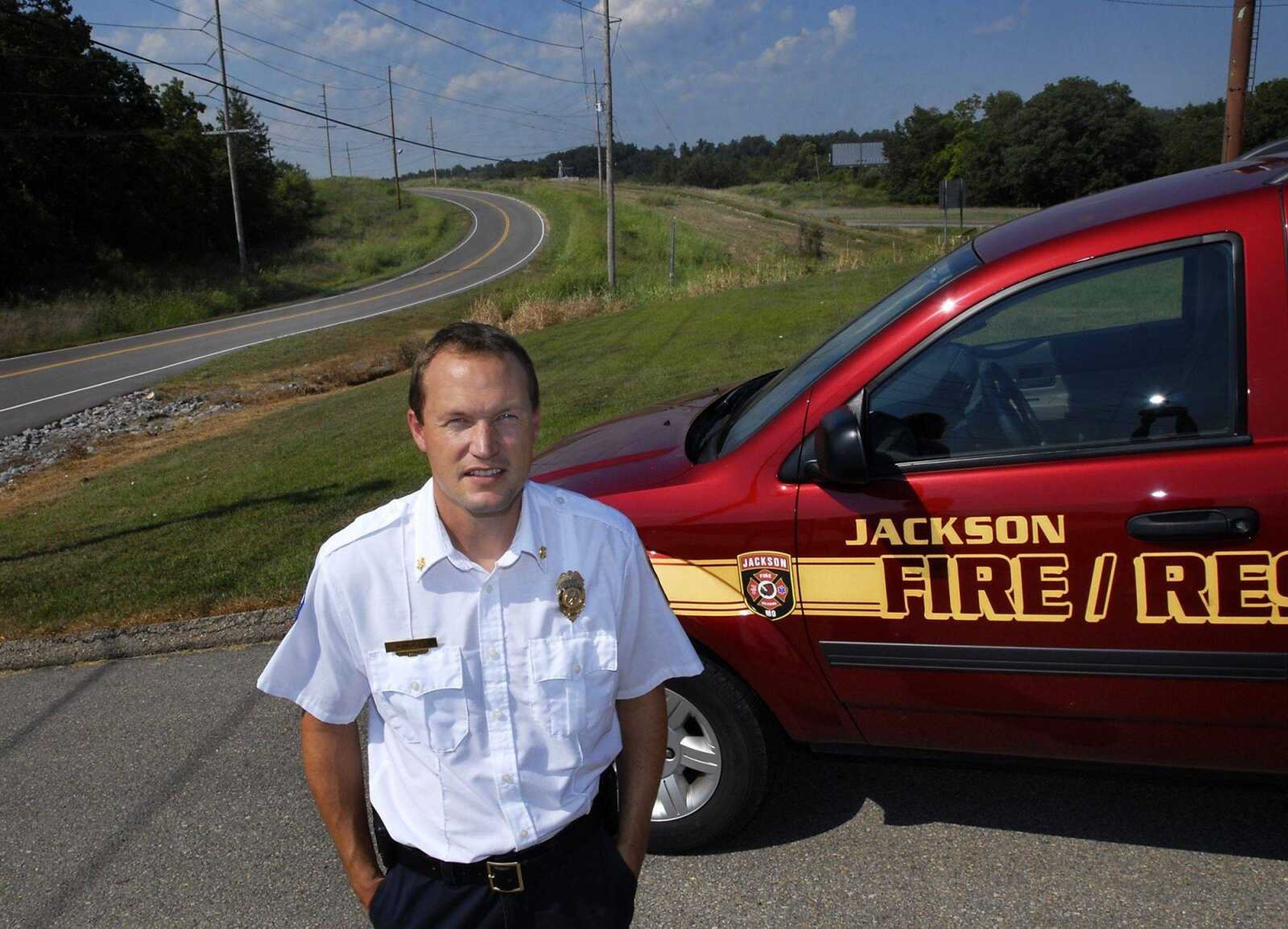 Jackson Fire Chief Jason Mouser stood near the proposed site of a second Jackson fire station off Old Orchard Road on Wednesday, August 11, 2010. (Kristin Eberts)