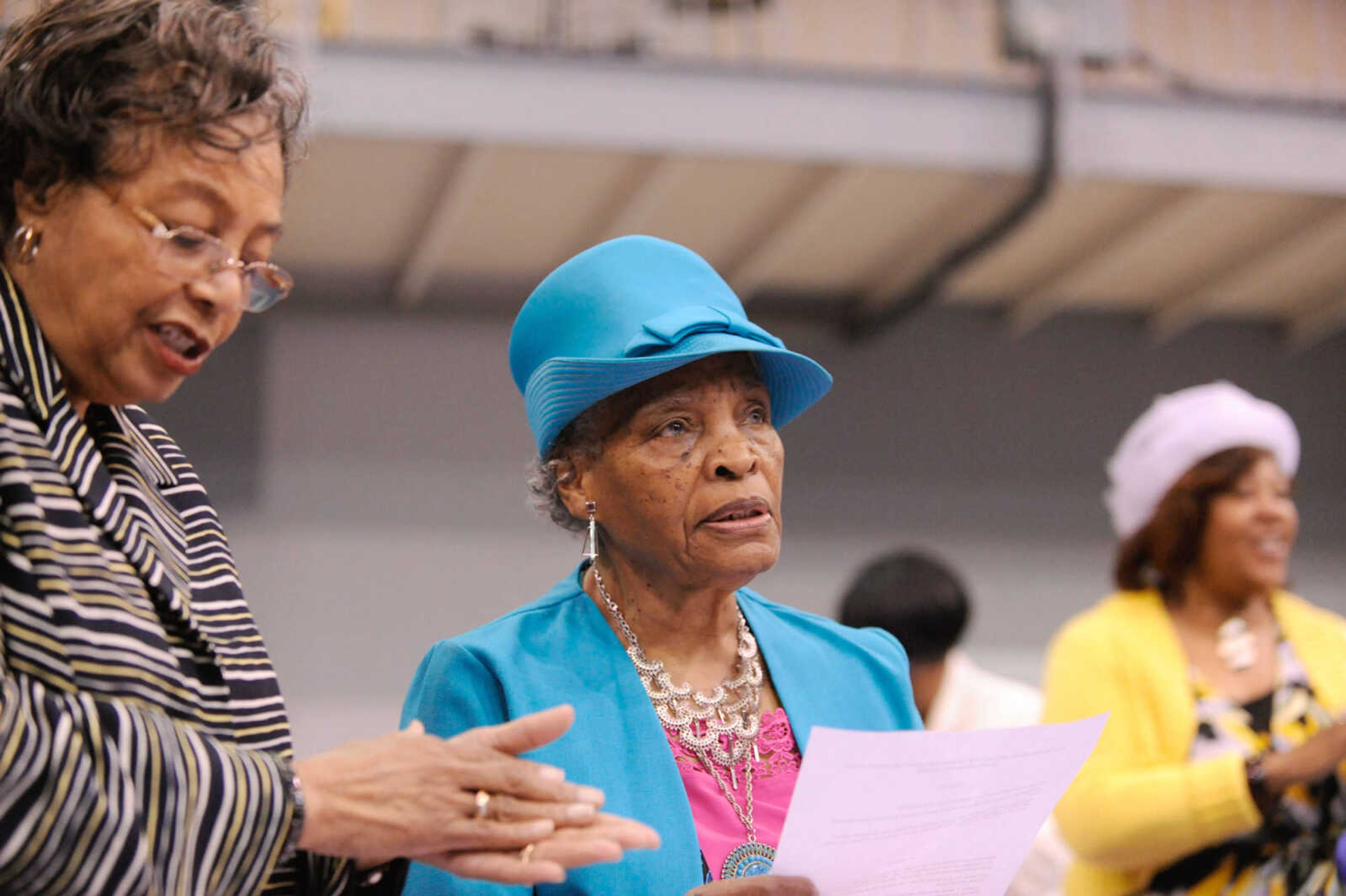 GLENN LANDBERG ~ glandberg@semissourian.com


Genevieve Dockery sings along with a song during the second annual Denza Zenobia Mitchell Hat Luncheon Saturday, March 21, 2015 at Centenary Church Family Life Center in Cape Girardeau.