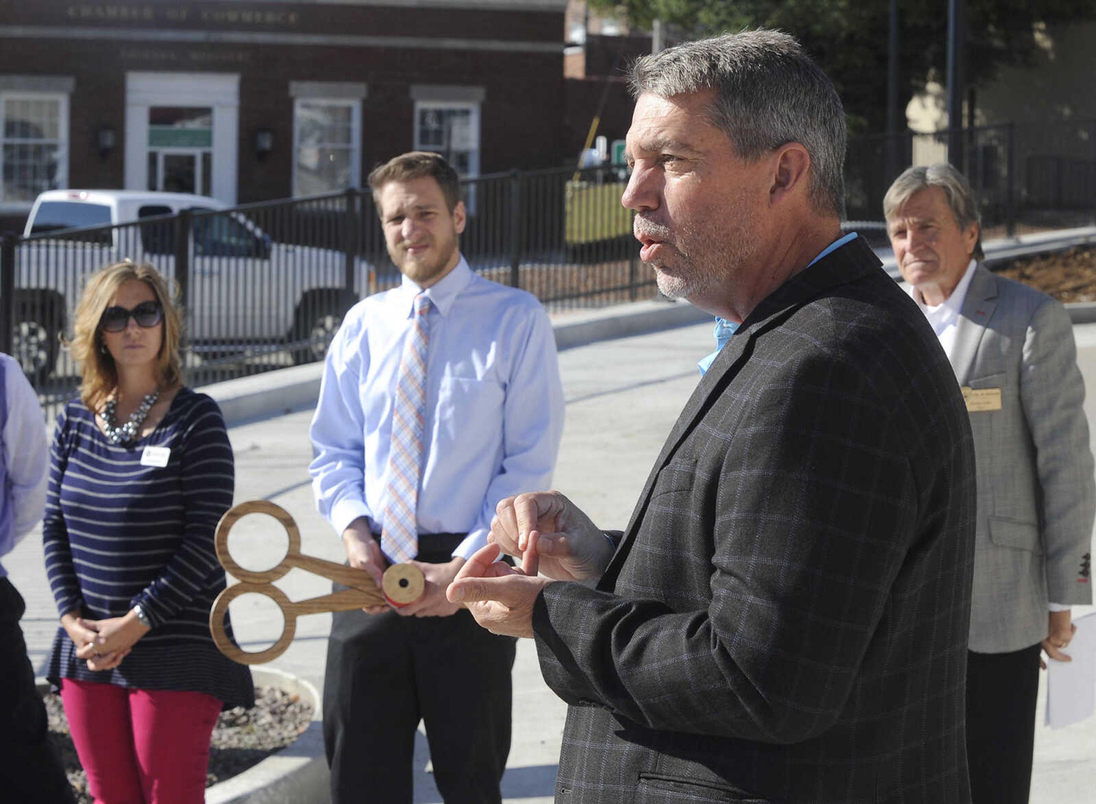 FRED LYNCH ~ flynch@semissourian.com
MoDOT district engineer Mark Shelton speaks at a ceremony for the completion of improvements at East Main Street and Hope Street on Friday, Oct. 21, 2016 in Jackson.