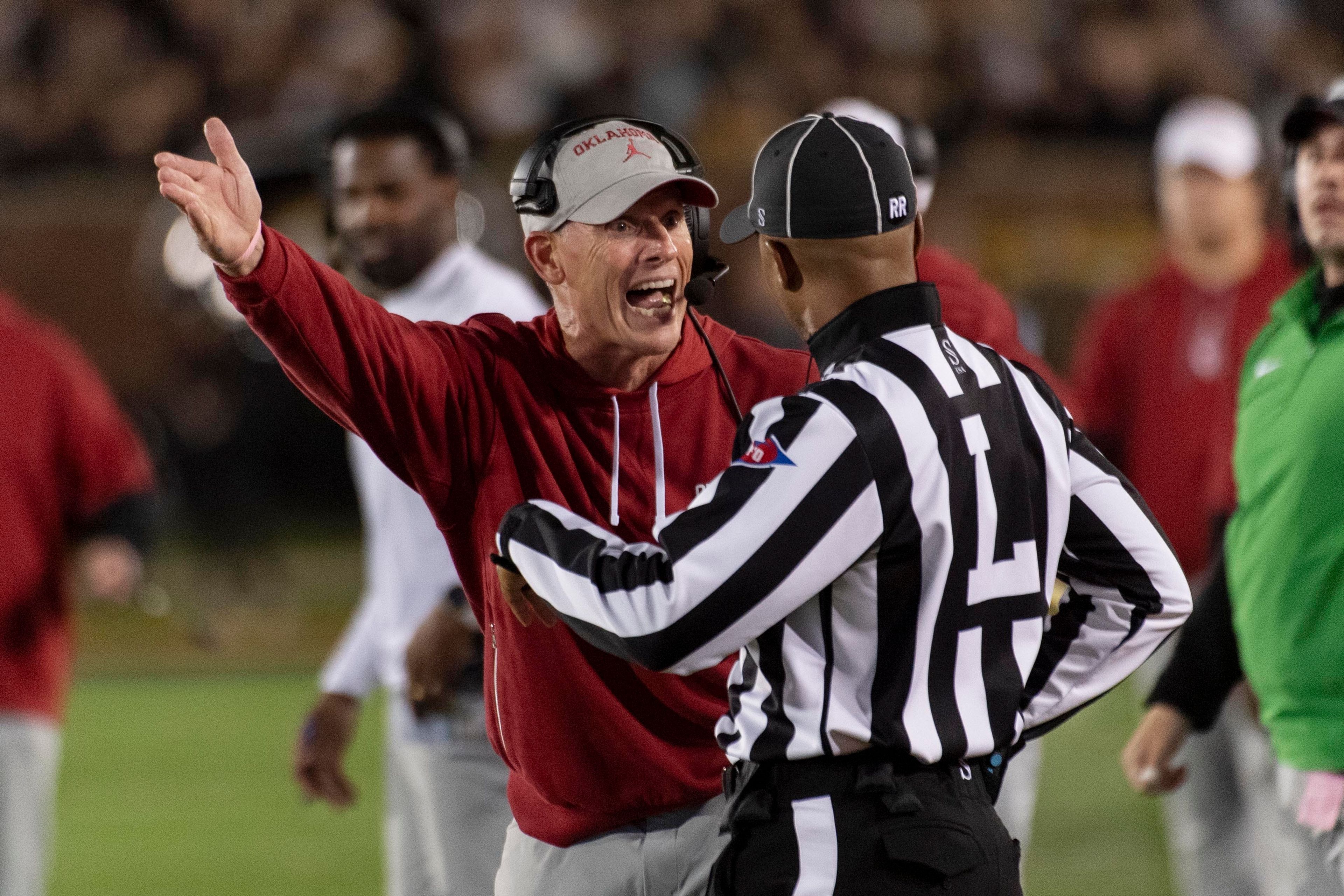 Oklahoma head coach Brent Venables argues a call during the first half of an NCAA college football game against Missouri Saturday, Nov. 9, 2024, in Columbia, Mo. (AP Photo/L.G. Patterson)