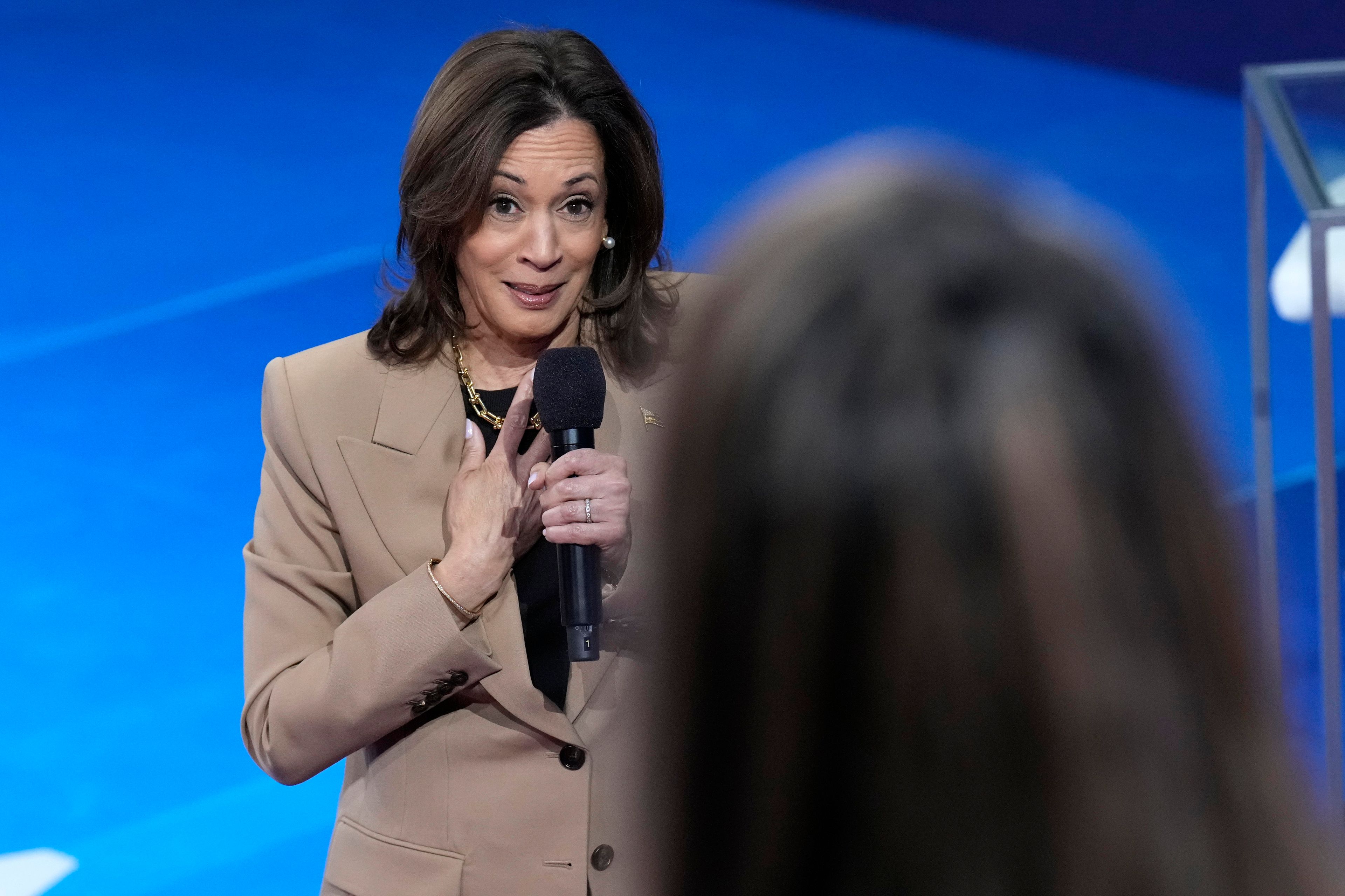 Democratic presidential nominee Vice President Kamala Harris responds to a question during a Town Hall event hosted by Univision, Thursday, Oct. 10, 2024, at the University of Nevada Las Vegas. (AP Photo/Jacquelyn Martin)