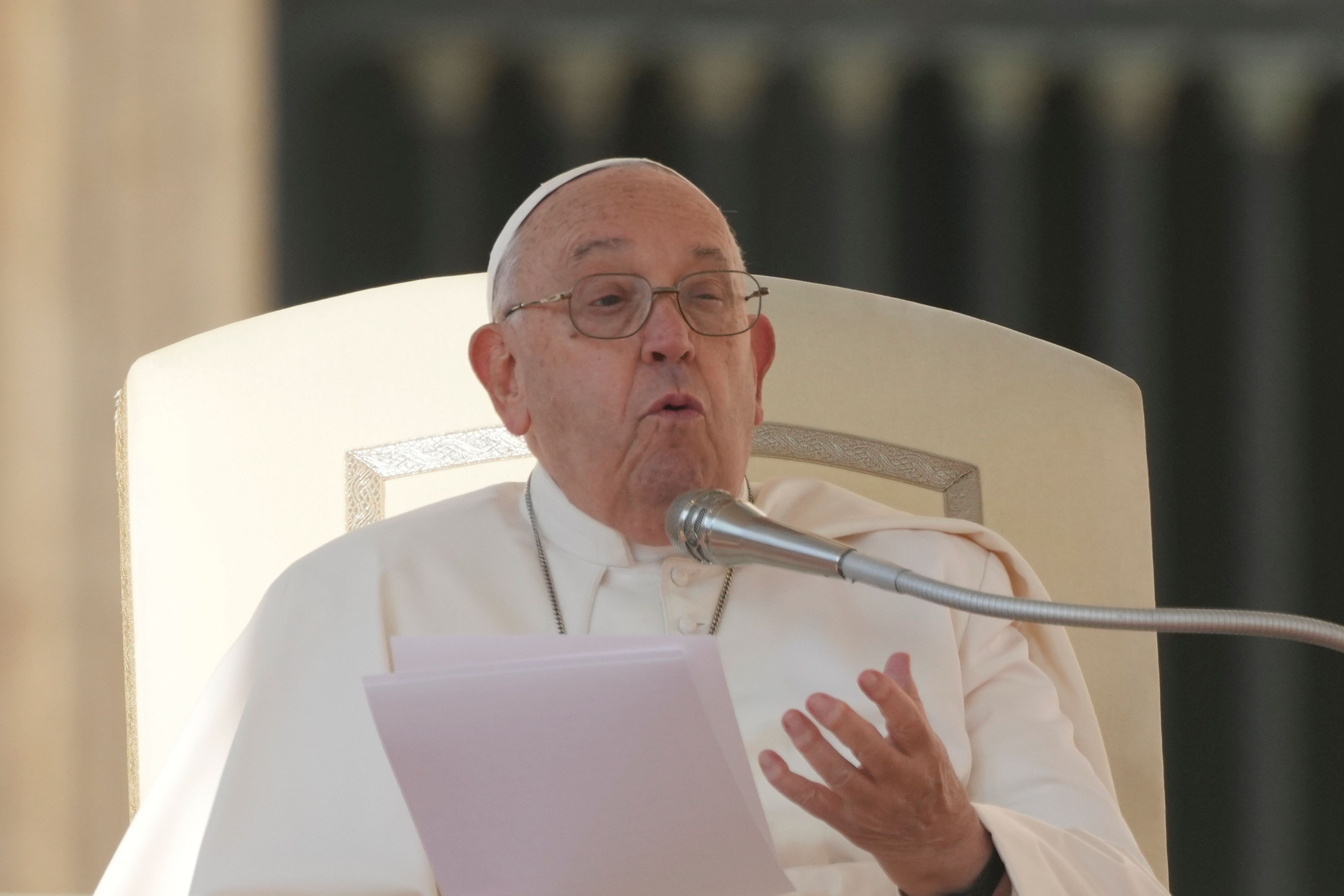 Pope Francis delivers his message in St. Peter's Square on the occasion of the weekly general audience at the Vatican, Wednesday, Nov. 6, 2024. (AP Photo/Alessandra Tarantino)