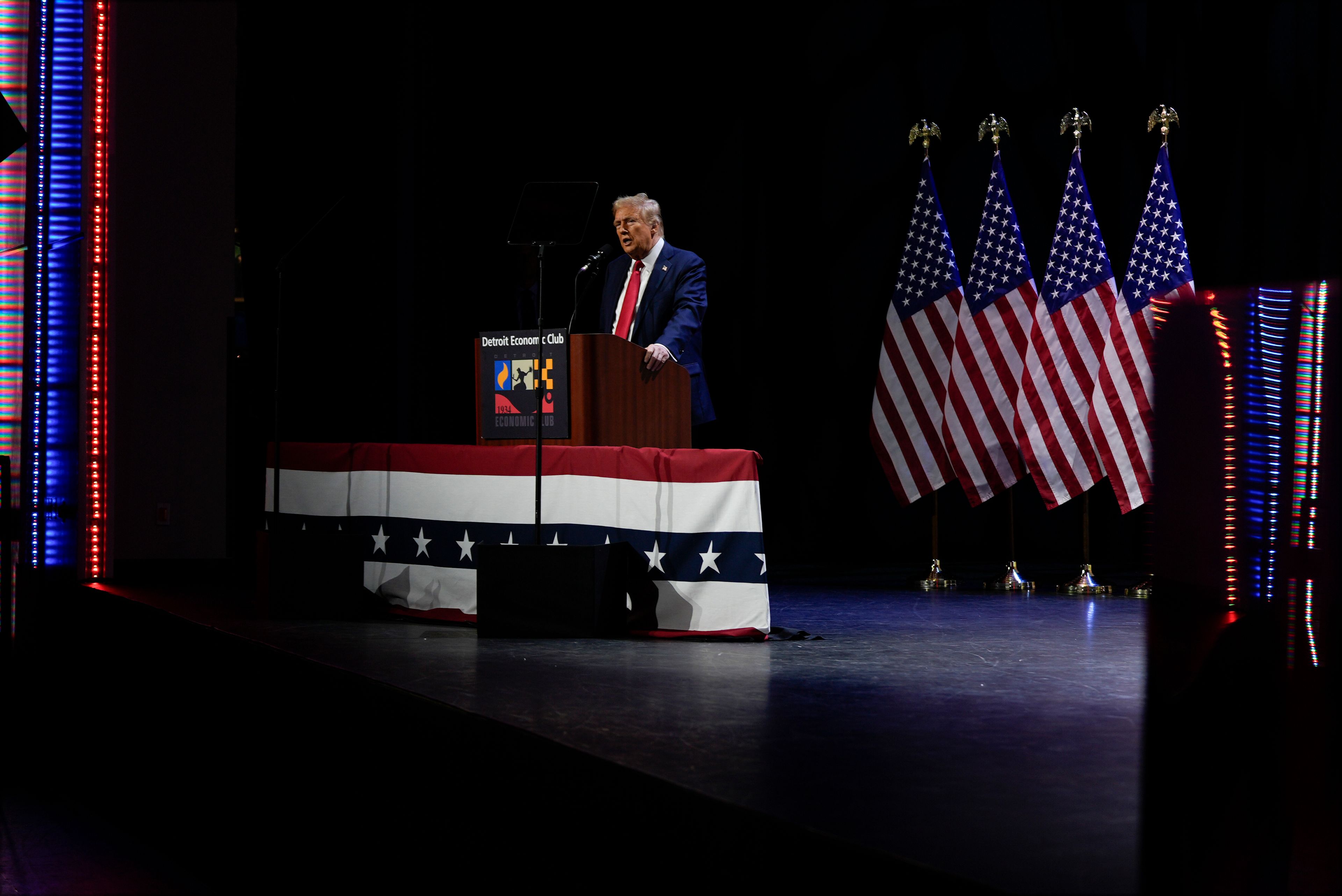 Republican presidential nominee former President Donald Trump speaks at a meeting of the Detroit Economic Club, Thursday, Oct. 10, 2024, in Detroit. (AP Photo/Julia Demaree Nikhinson)