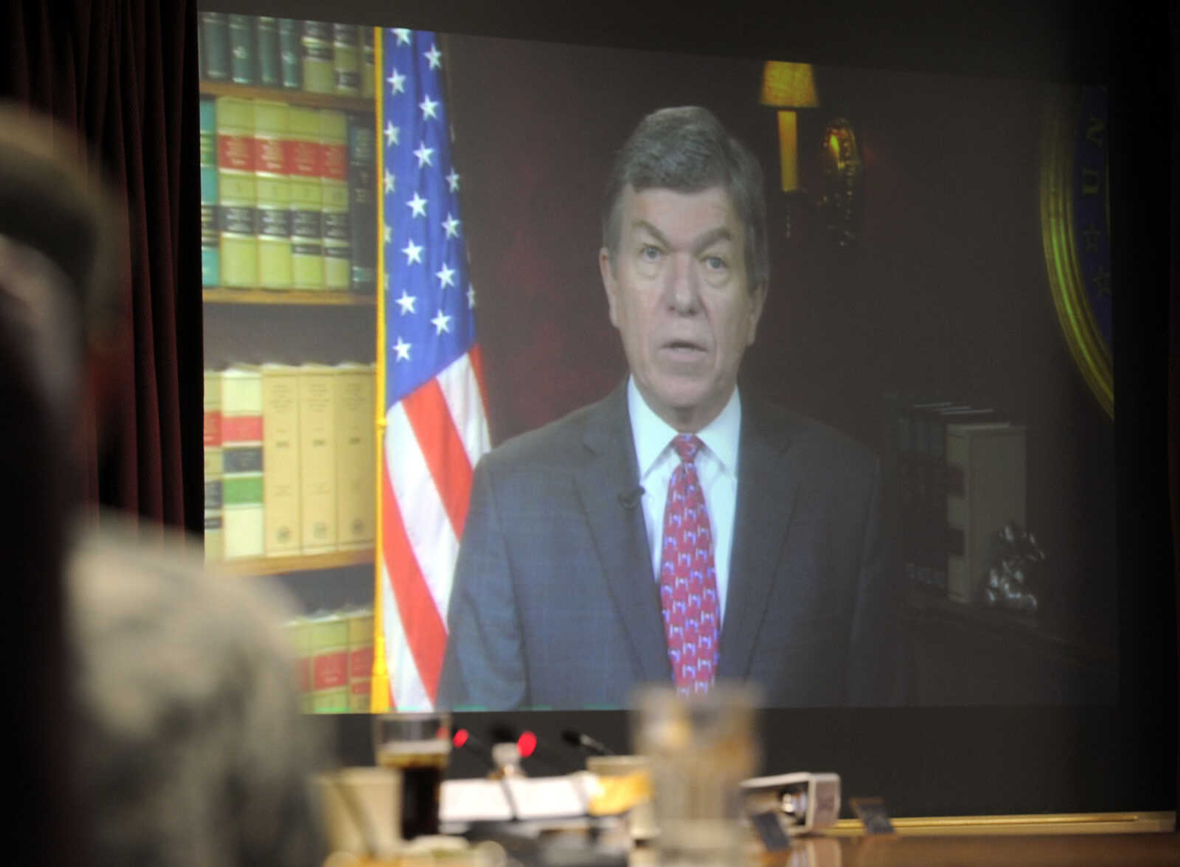 FRED LYNCH ~ flynch@semissourian.com
A recorded video message by U.S. Senator Roy Blunt was presented for the Mississippi River Commission Monday, Aug. 15, 2011 at New Madrid, Mo.