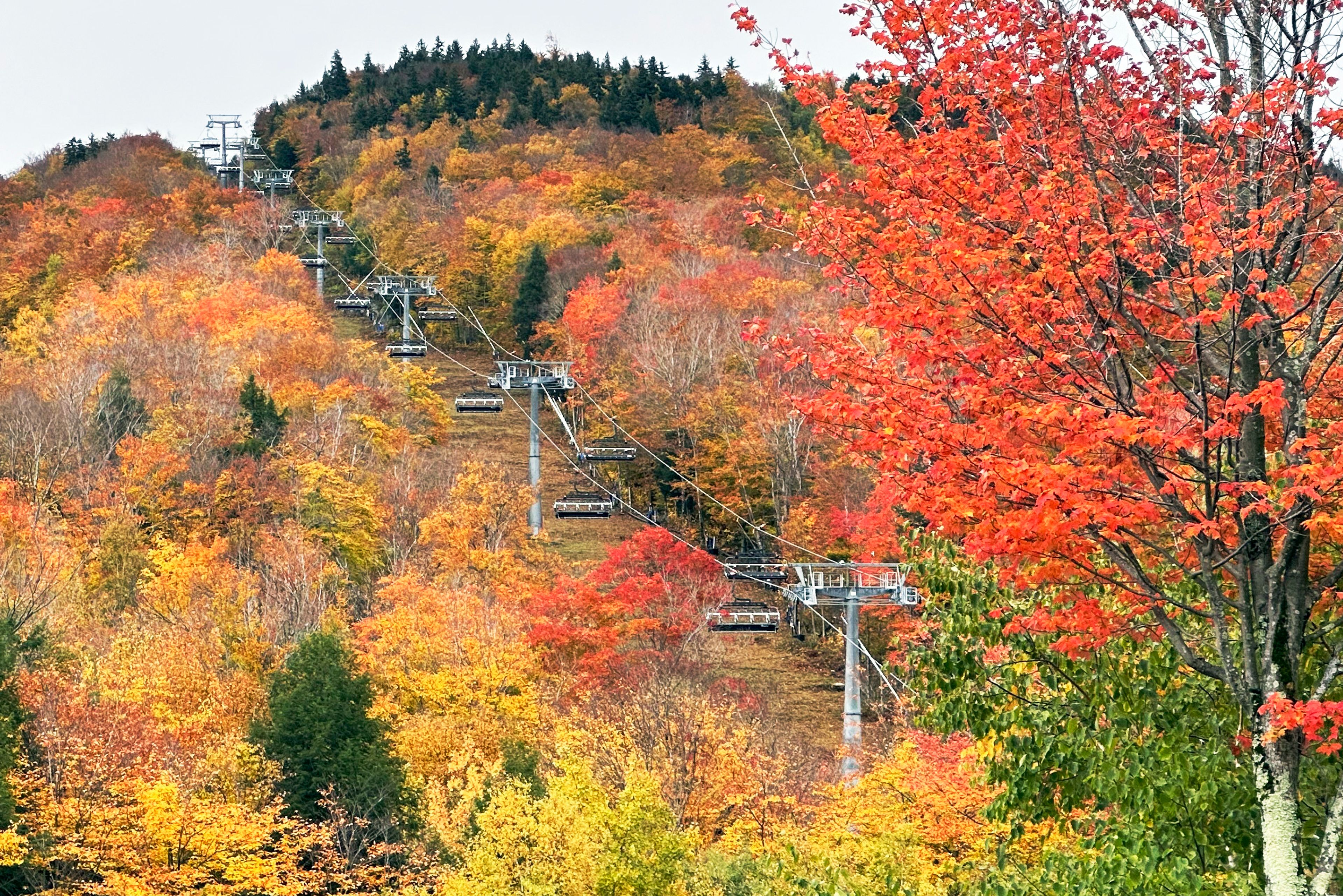 Fall colors are displayed on Loon Mountain near Lincoln, N.H., Tuesday, Oct. 15, 2024. (AP Photo/Nick Perry)