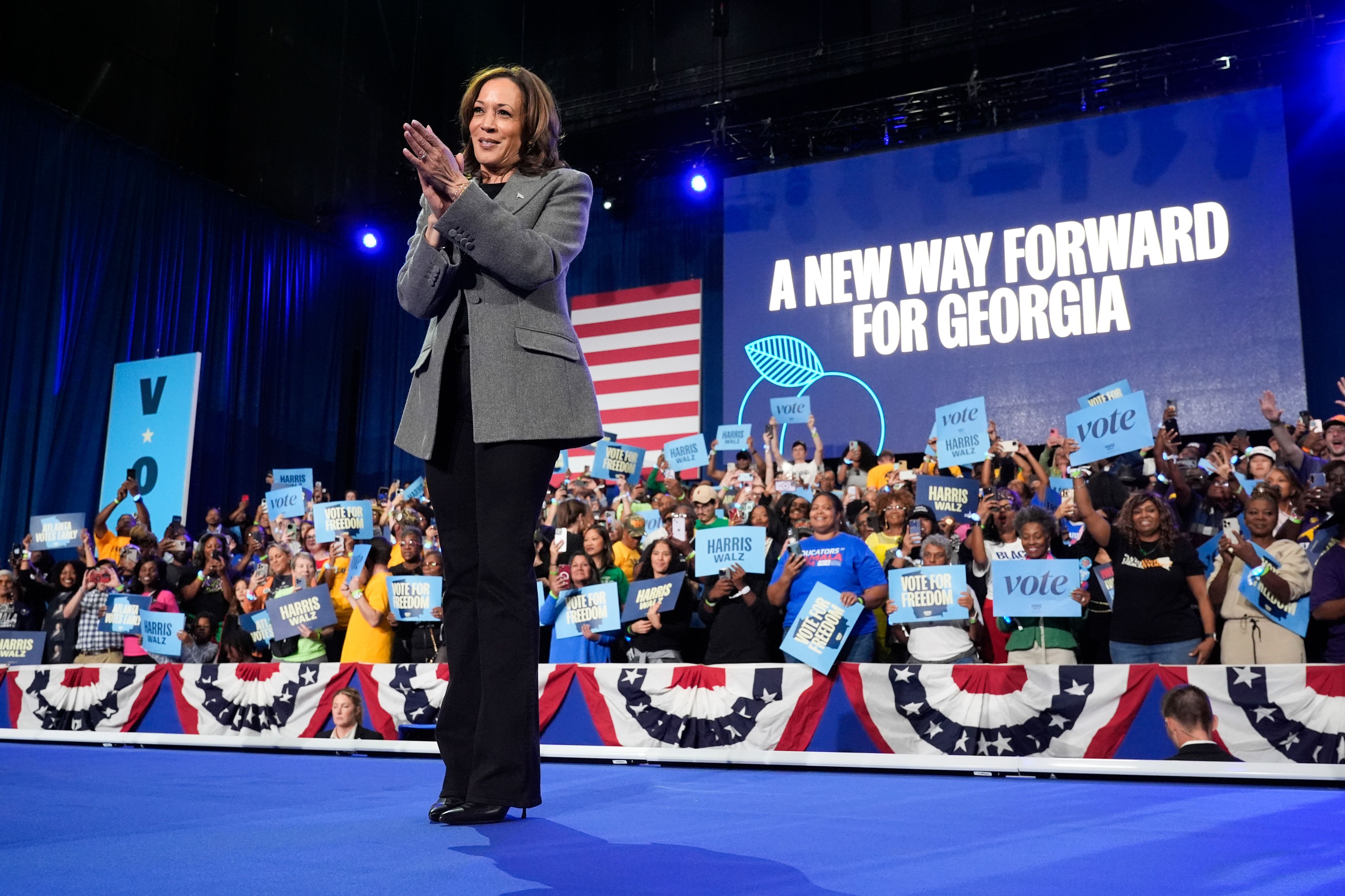 Democratic presidential nominee Vice President Kamala Harris reacts to the crowd after speaking during a campaign event at Lakewood Amphitheatre, Saturday, Oct. 19, 2024, in Atlanta. (AP Photo/Jacquelyn Martin)