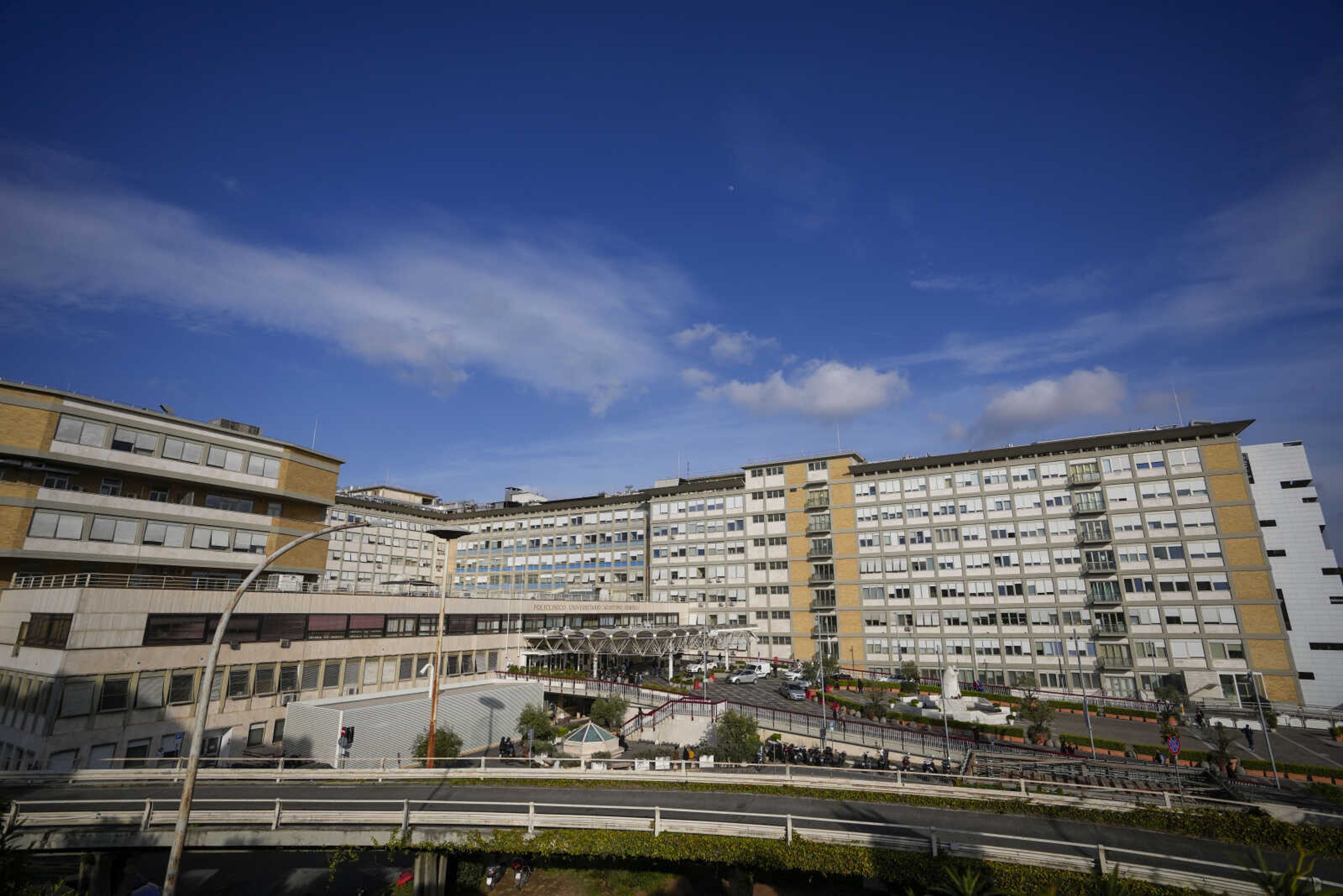 A view of the Agostino Gemelli hospita, in Rome, Friday, March 31, 2023. Pope Francis is expected to be discharged on Saturday from the Rome hospital where he is being treated for bronchitis as his recovery proceeds in a "normal" way, even had pizza for dinner and will be in St. Peter's Square for Palm Sunday Mass, the Vatican said. (AP Photo/Andrew Medichini)