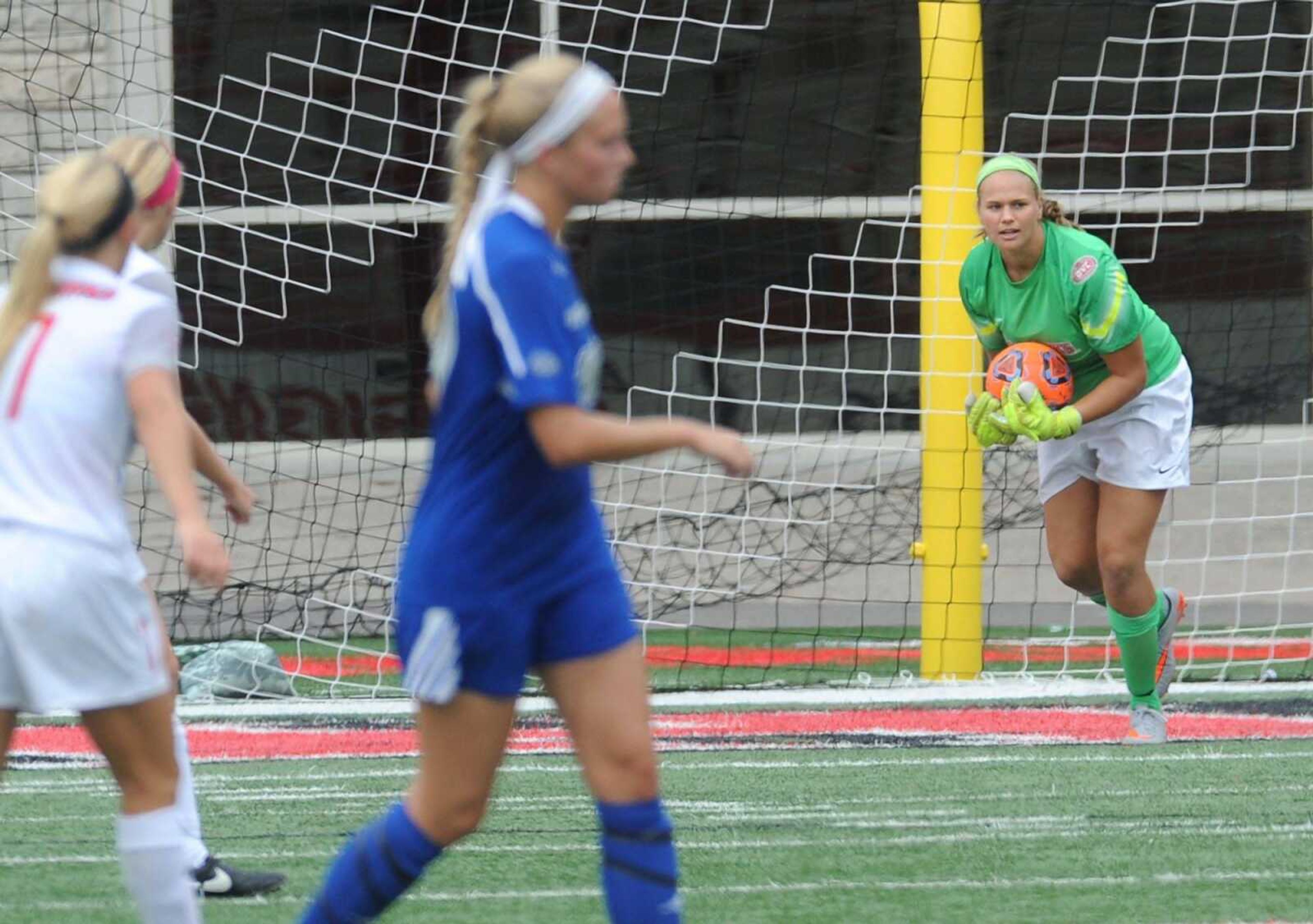 Southeast Missouri State goalkeeper Kindra Lierz makes a save on a shot by Eastern Illinois during a game last season  at Houck Stadium. Lierz, a junior, is among the returners from last year's team that reached the championship game of the Ohio Valley Conference Tournament.