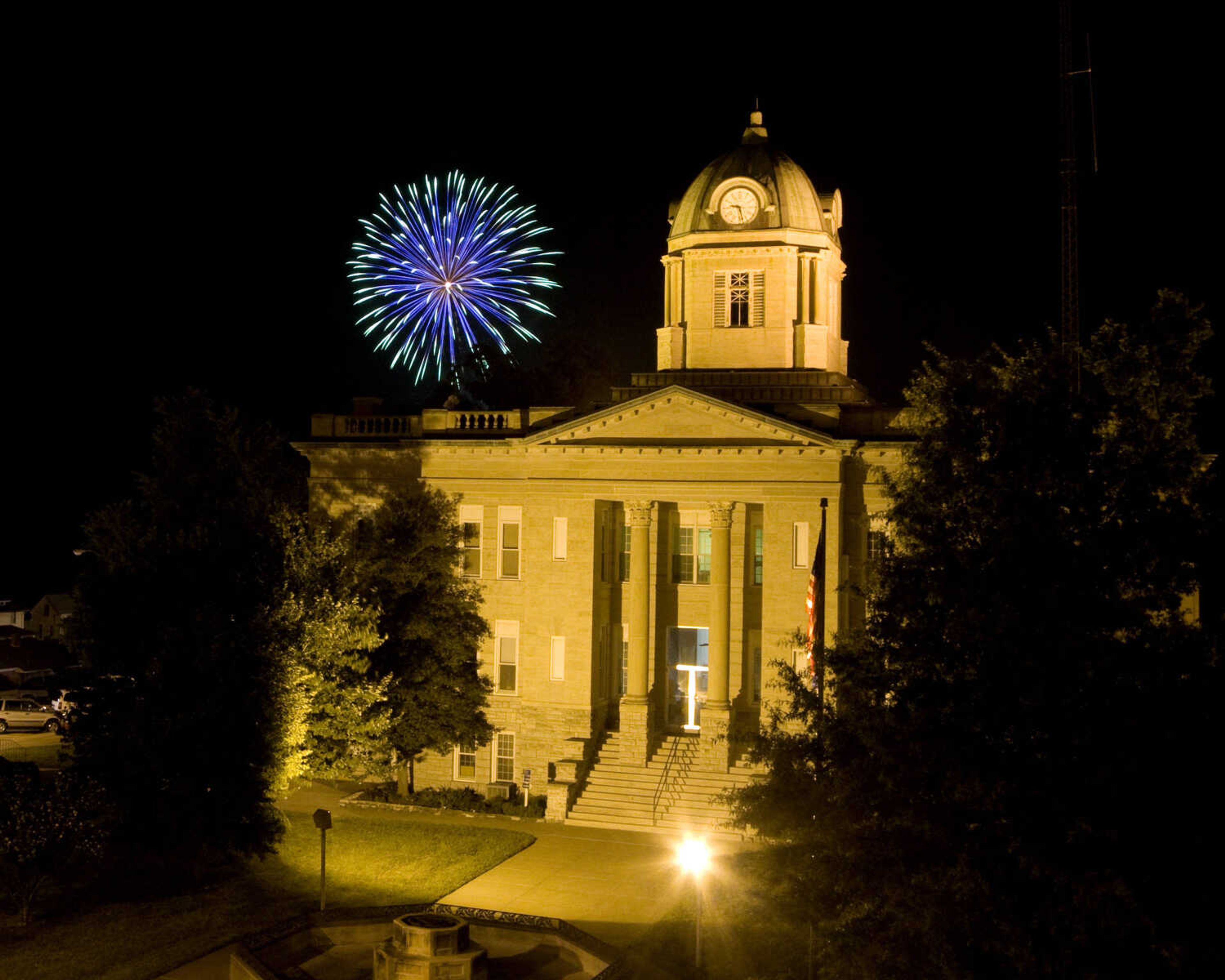 Fireworks seen over the Cape Girardeau County courthouse in Jackson, photographed from the roof of The Andrew Jackson.