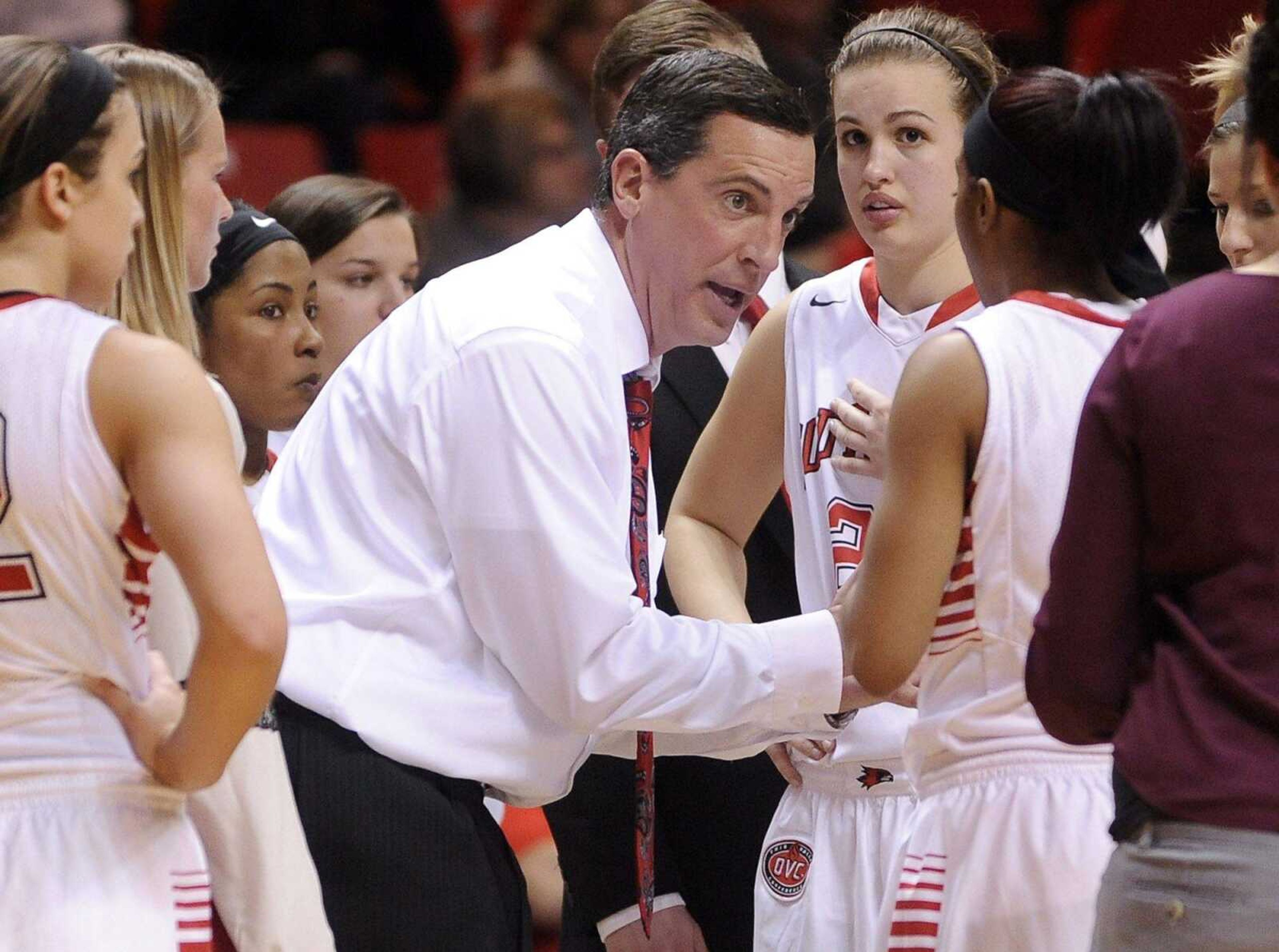 Southeast Missouri State coach Ty Margenthaler talks to his team during a timeout in the second half of the game with Austin Peay Saturday, Feb. 28, 2015 at the Show Me Center.